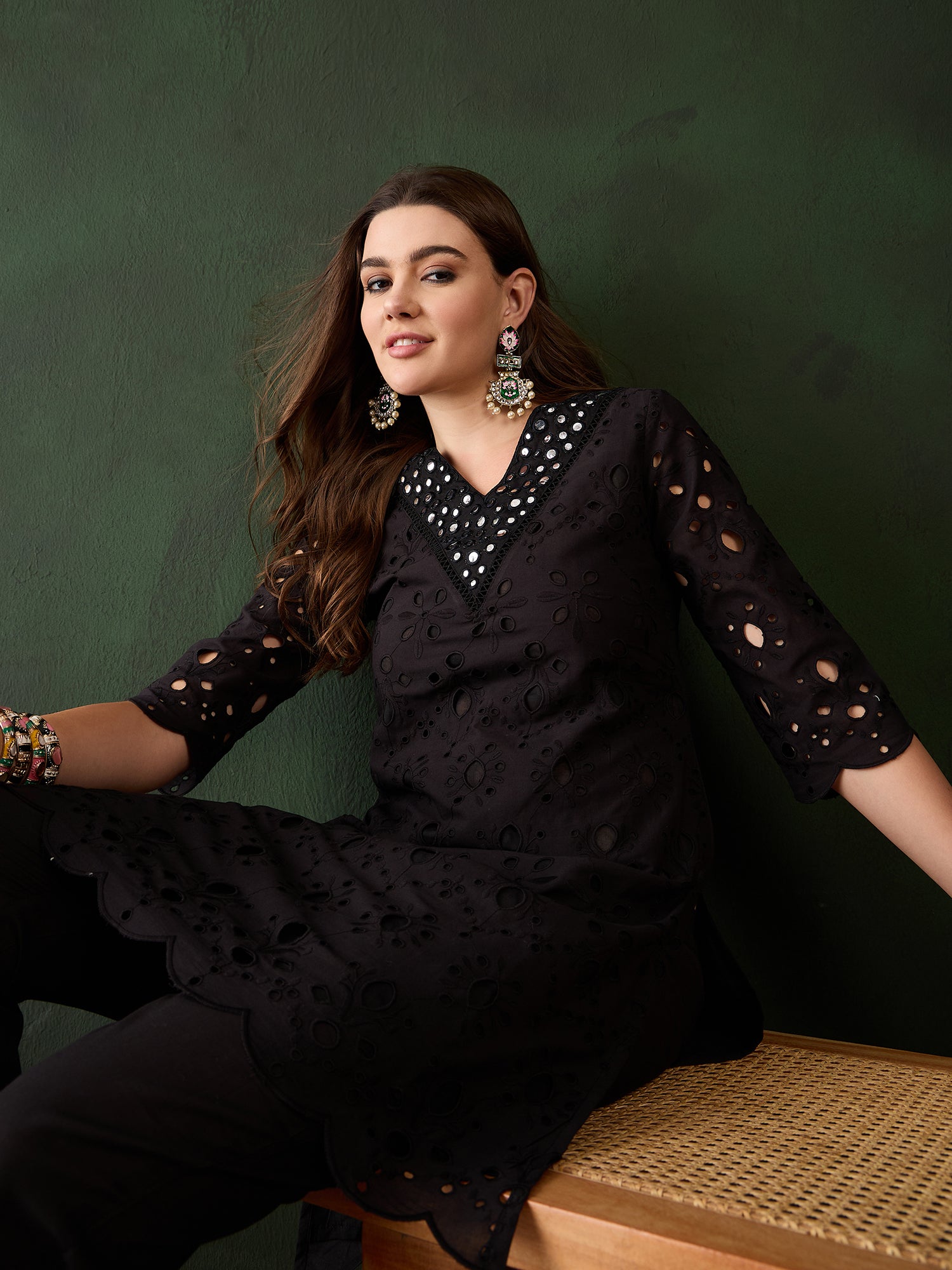 Elegant Black Cotton Eyelet Kurta Set