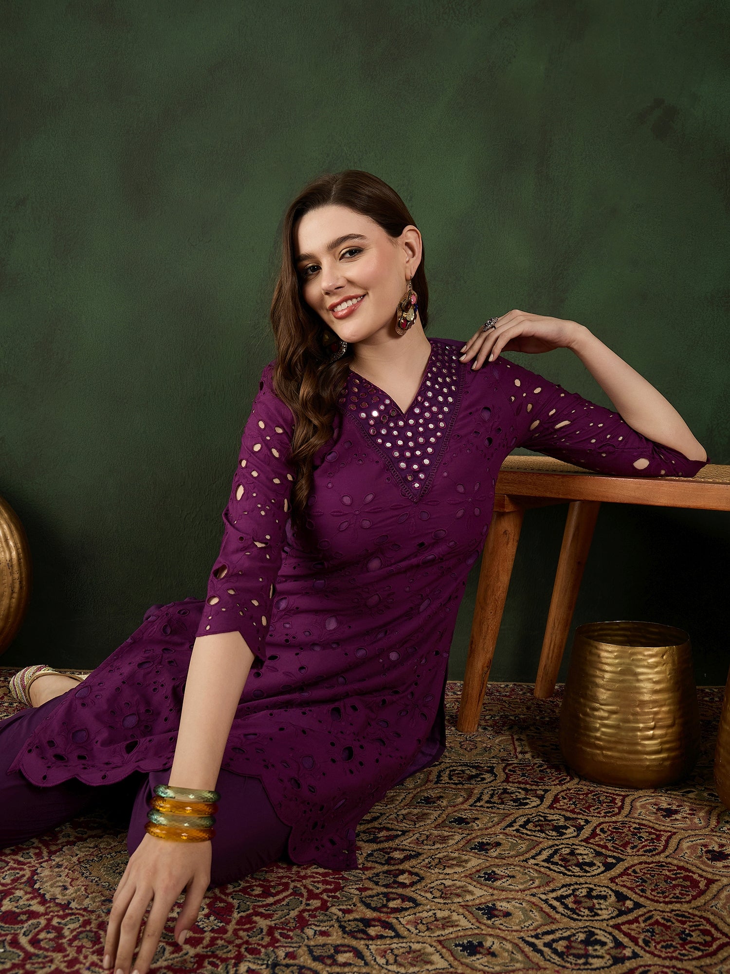 Elegant dark pink Cotton Eyelet Kurta Set
