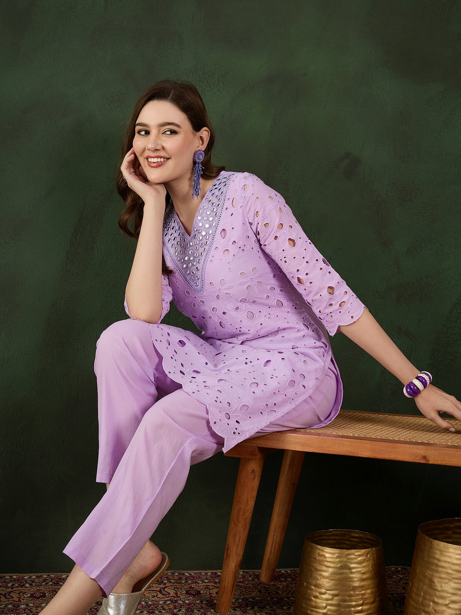 Elegant baby pink Cotton Eyelet Kurta Set