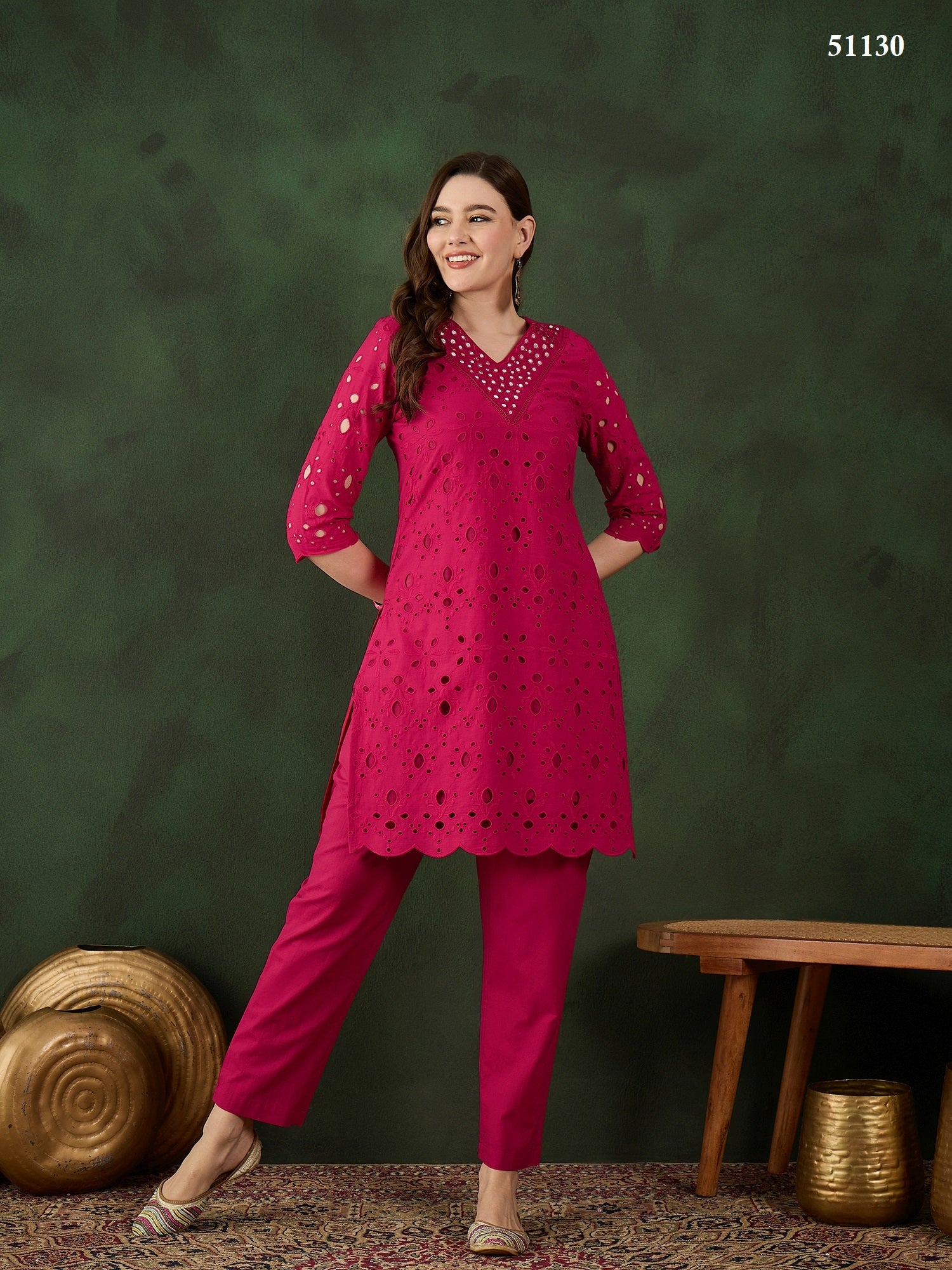 Elegant pink Cotton Eyelet Kurta Set