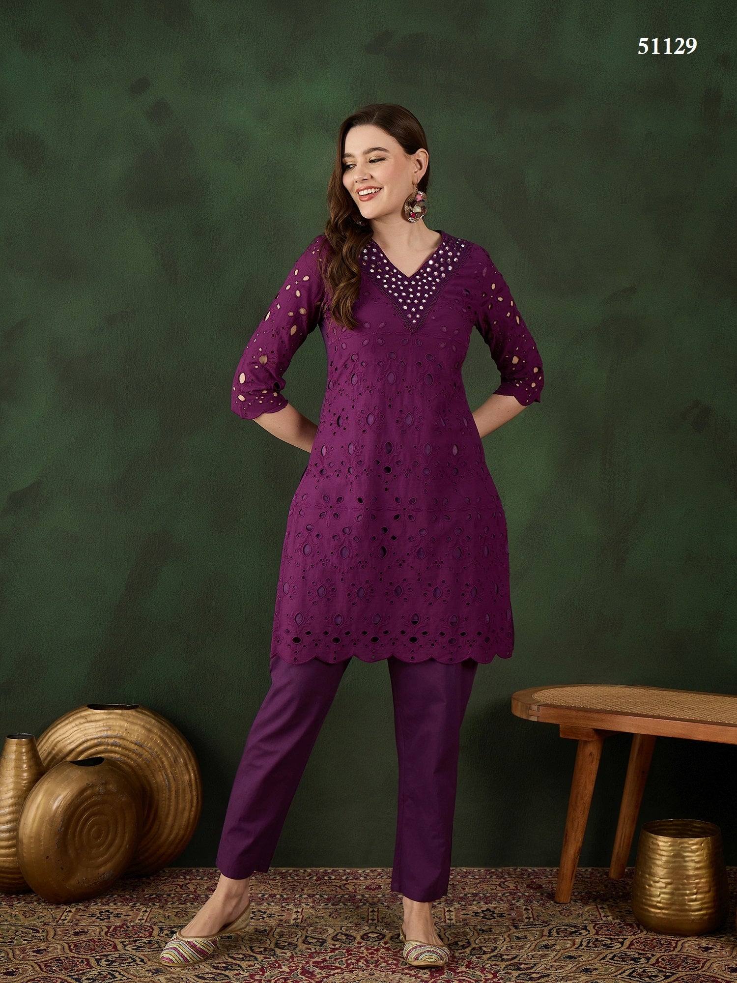Elegant dark pink Cotton Eyelet Kurta Set