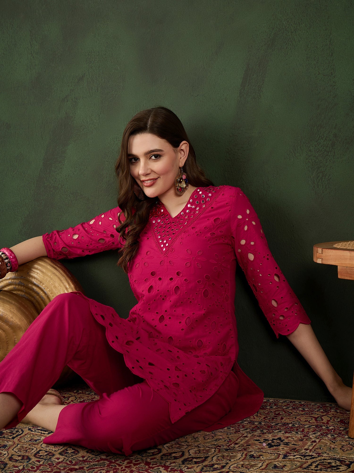 Elegant pink Cotton Eyelet Kurta Set