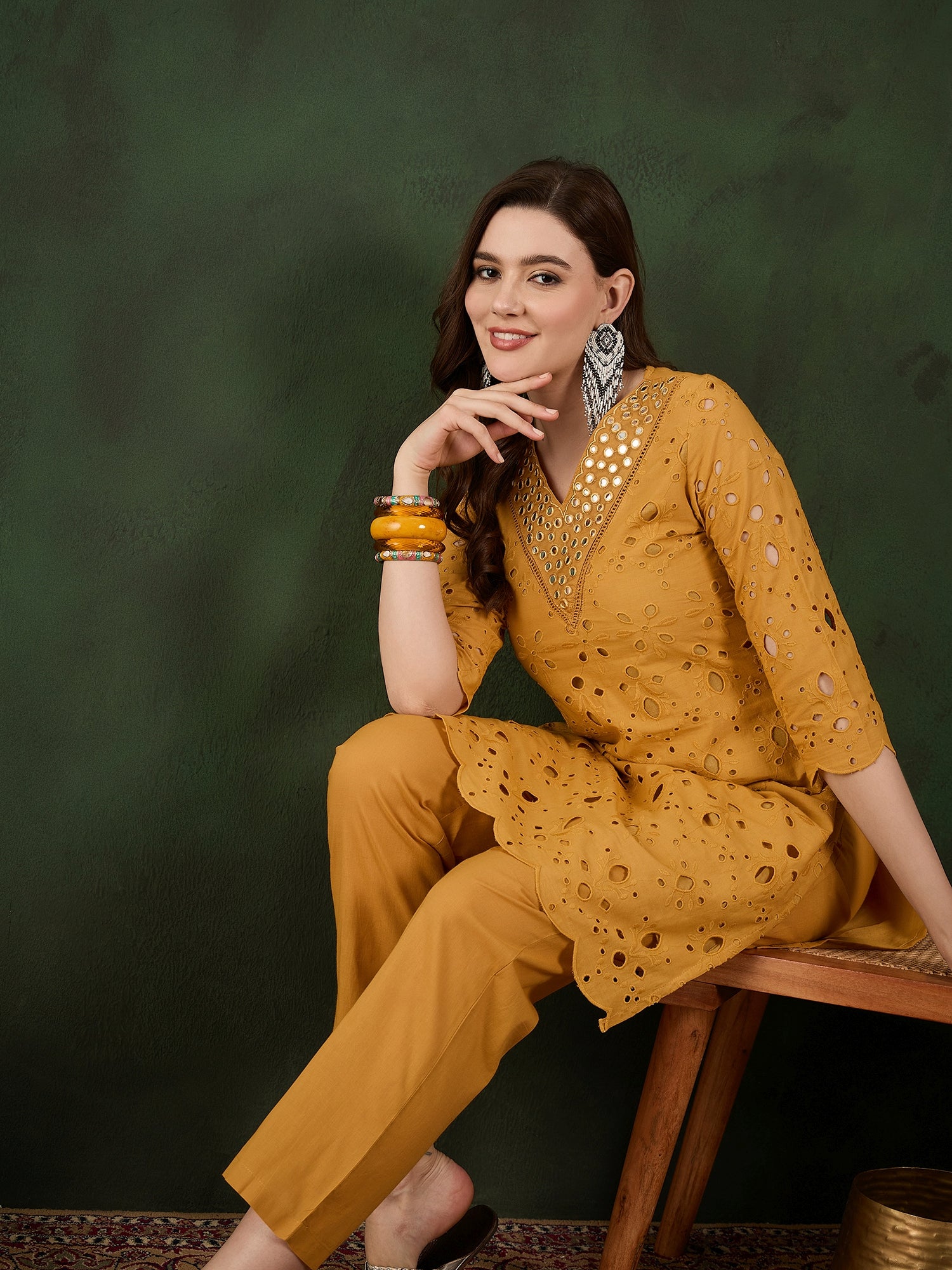 Elegant yellow&orange Cotton Eyelet Kurta Set