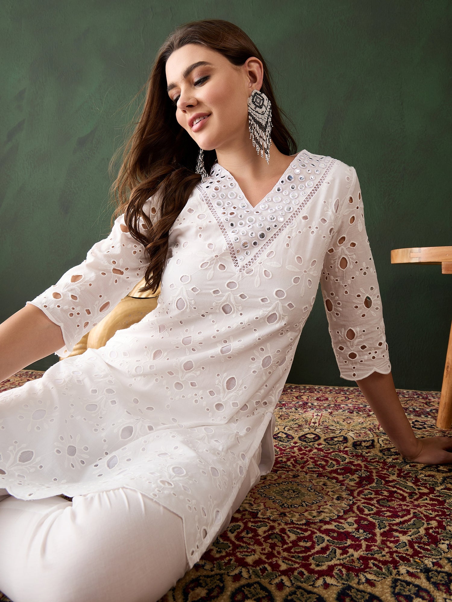 Elegant White Cotton Eyelet Kurta Set