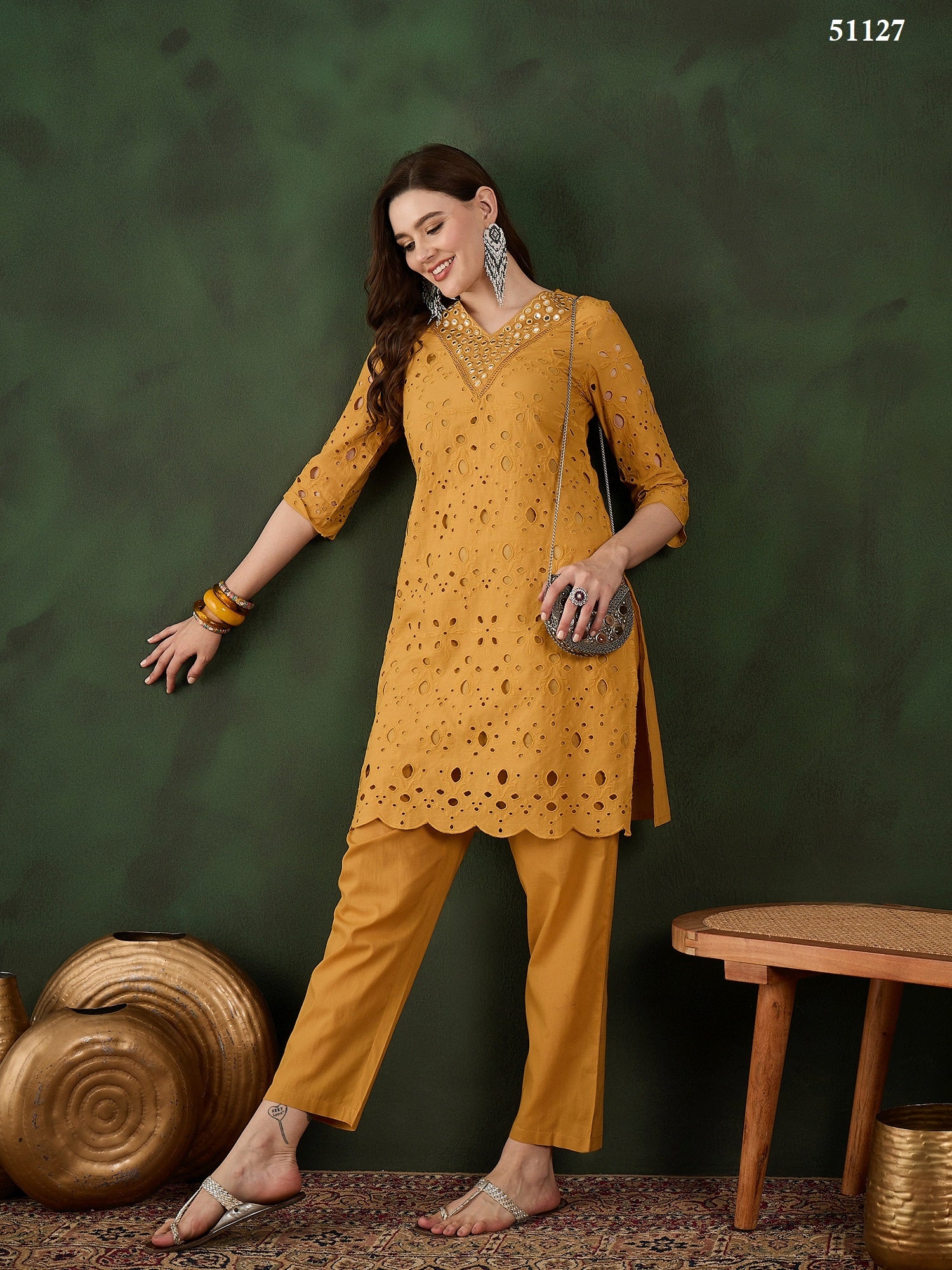 Elegant yellow&orange Cotton Eyelet Kurta Set