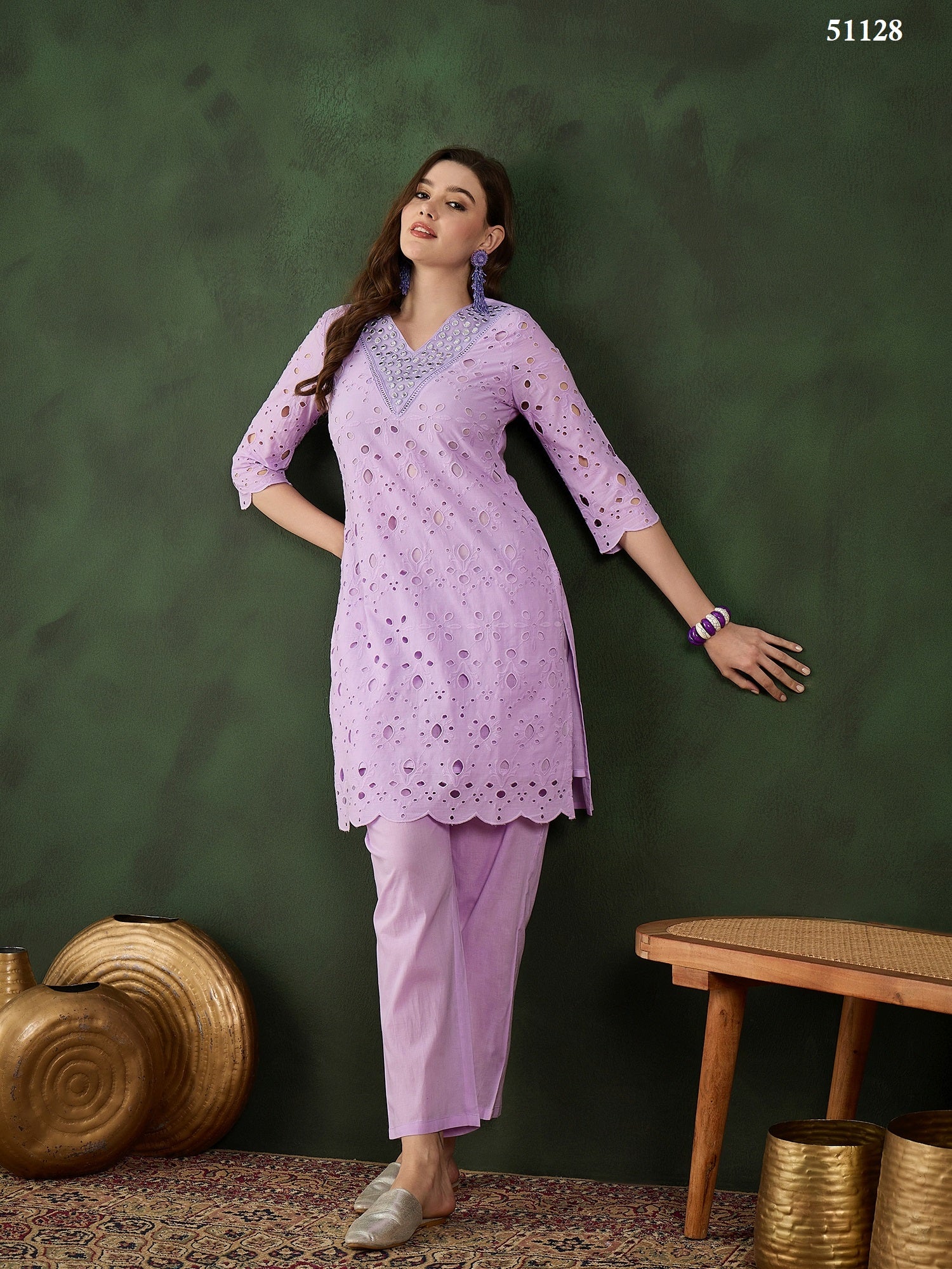 Elegant baby pink Cotton Eyelet Kurta Set