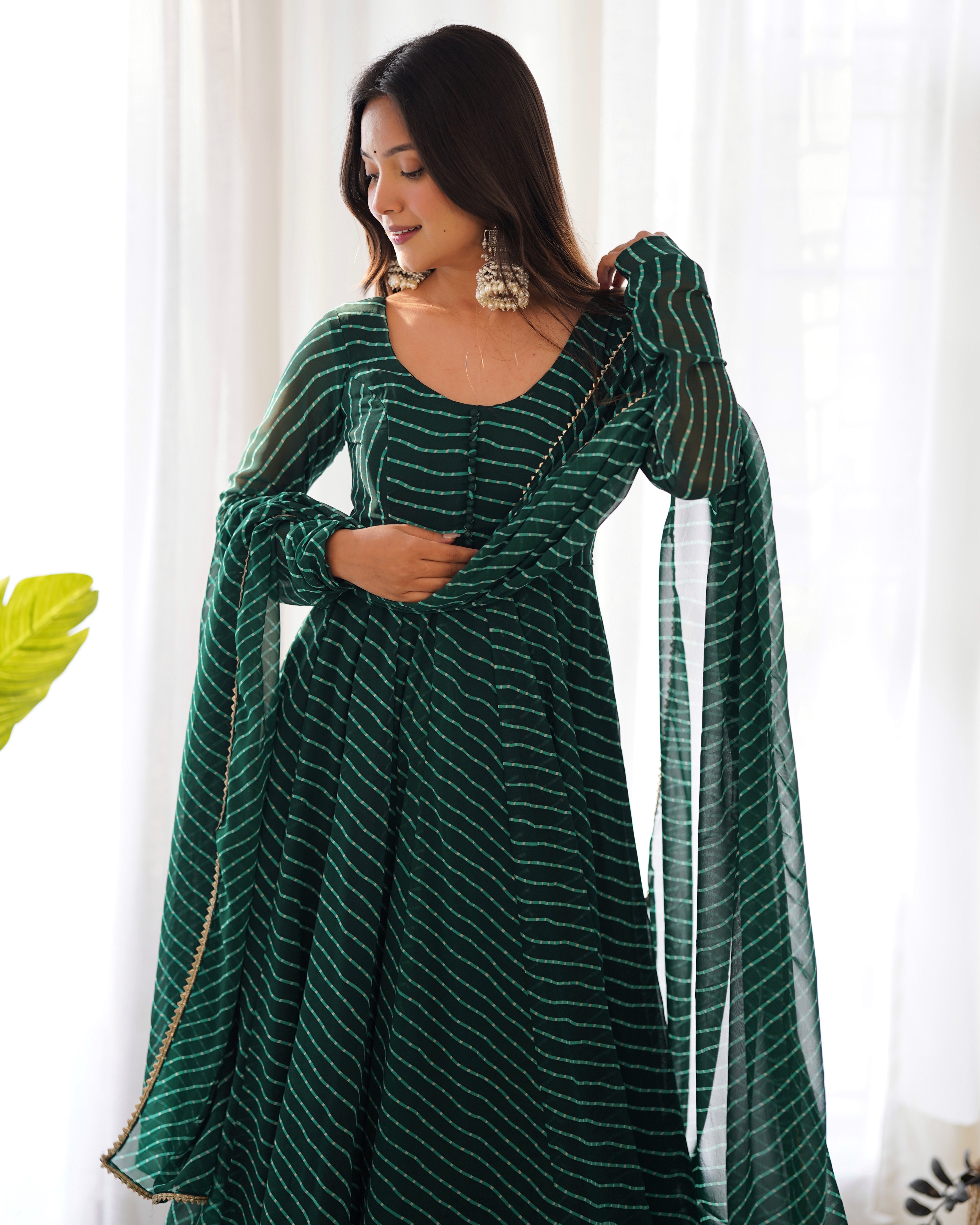 GREEN ANARKALI FANCY NECK POTLI BUTTON DESIGN