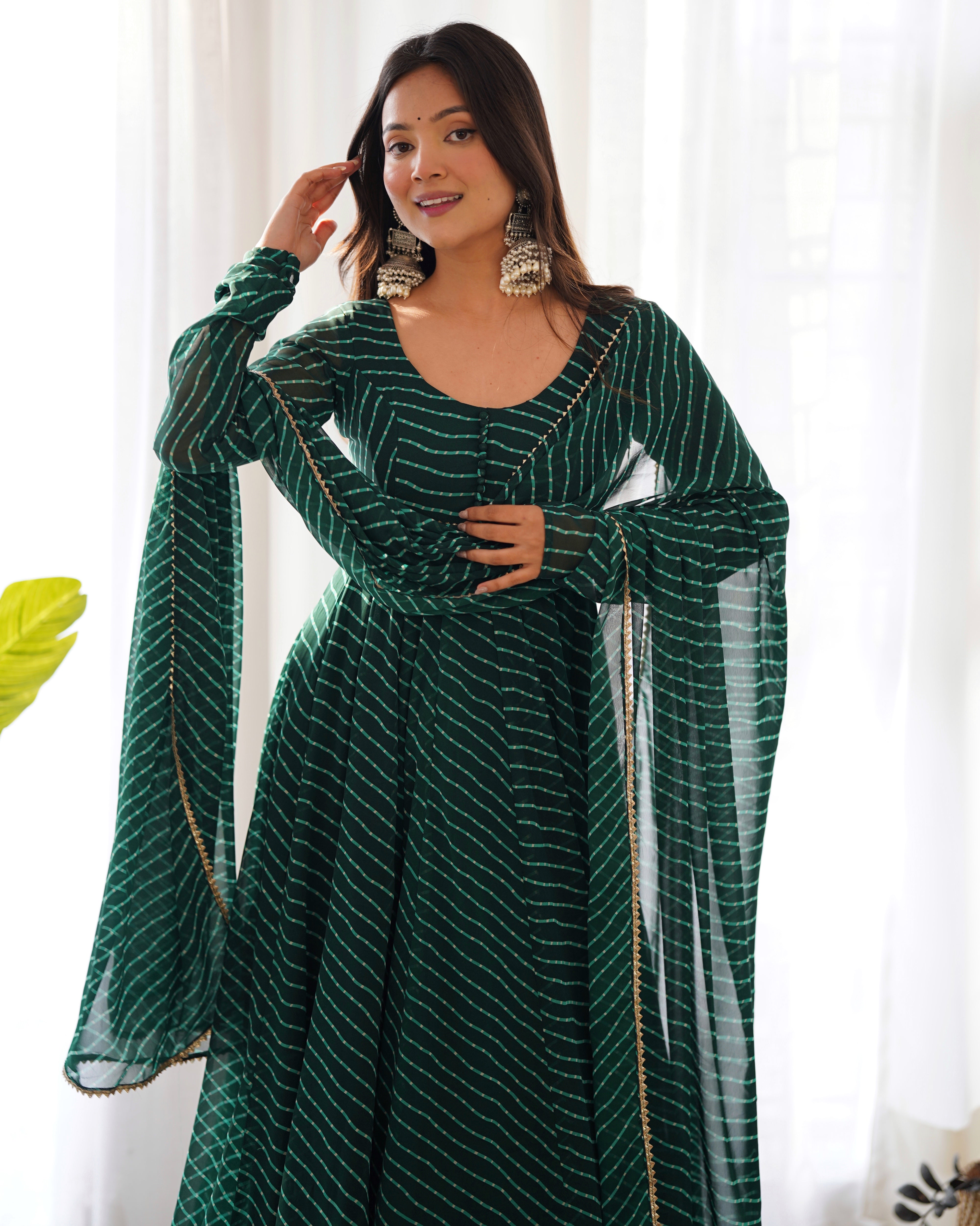 GREEN ANARKALI FANCY NECK POTLI BUTTON DESIGN