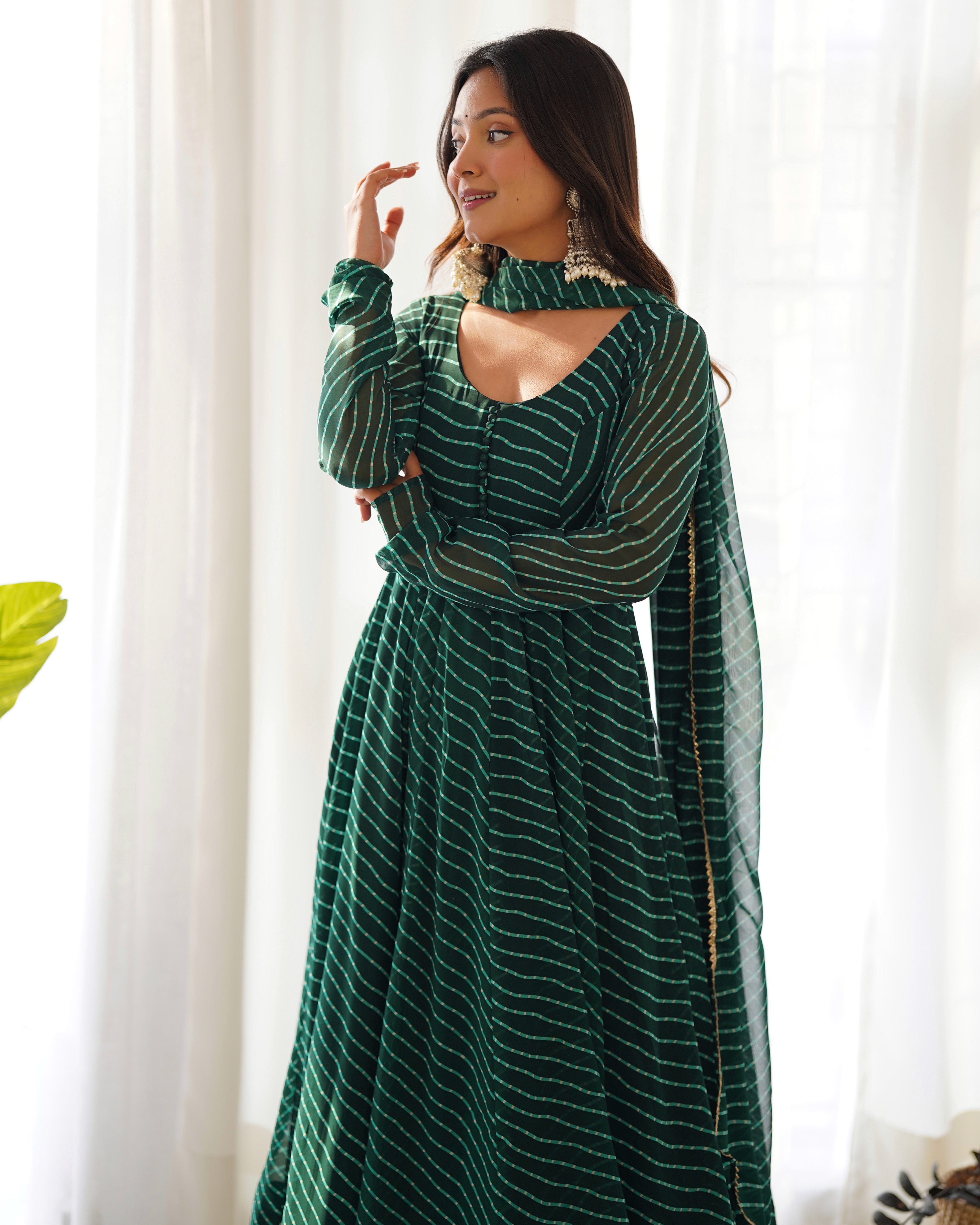 GREEN ANARKALI FANCY NECK POTLI BUTTON DESIGN