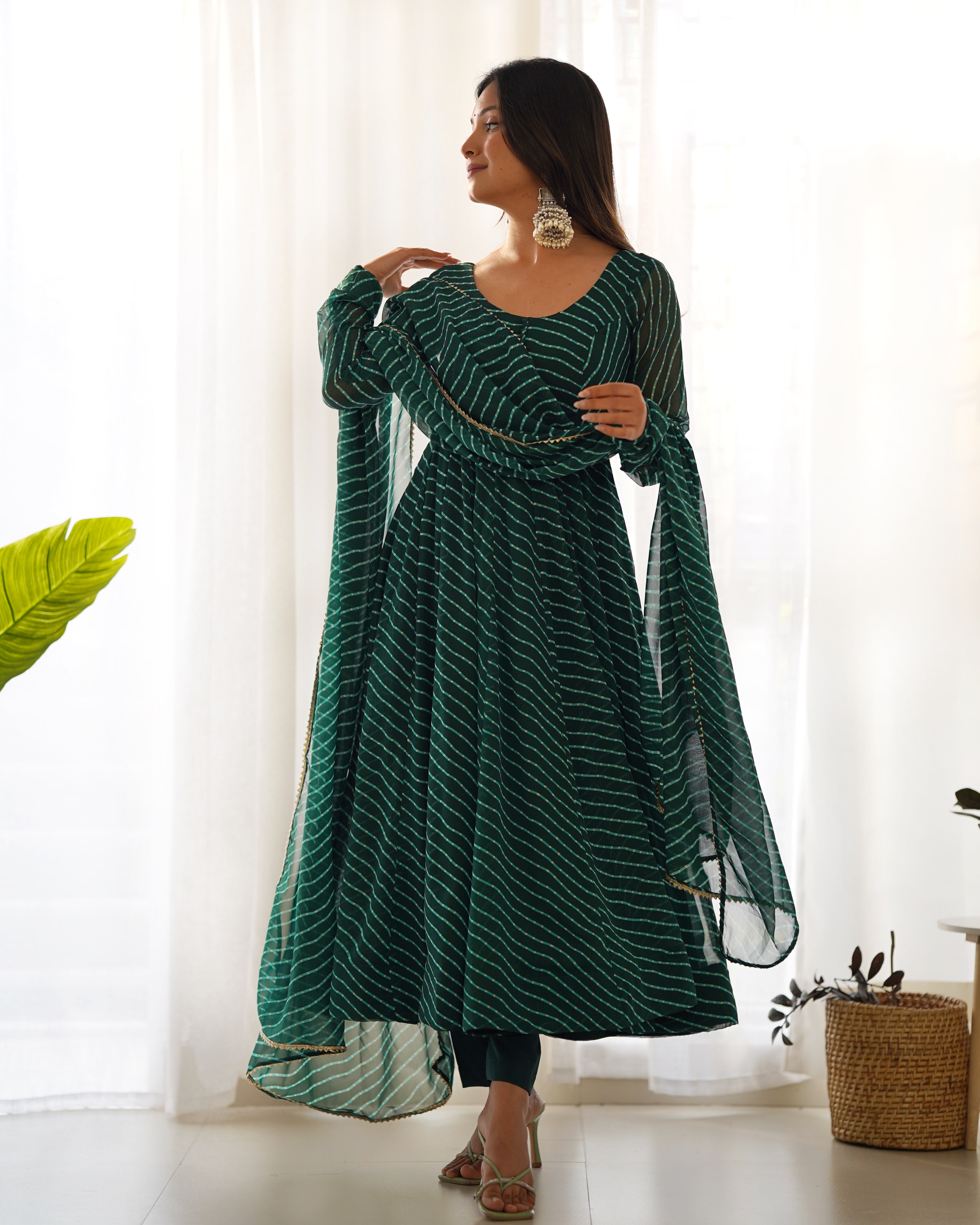 GREEN ANARKALI FANCY NECK POTLI BUTTON DESIGN