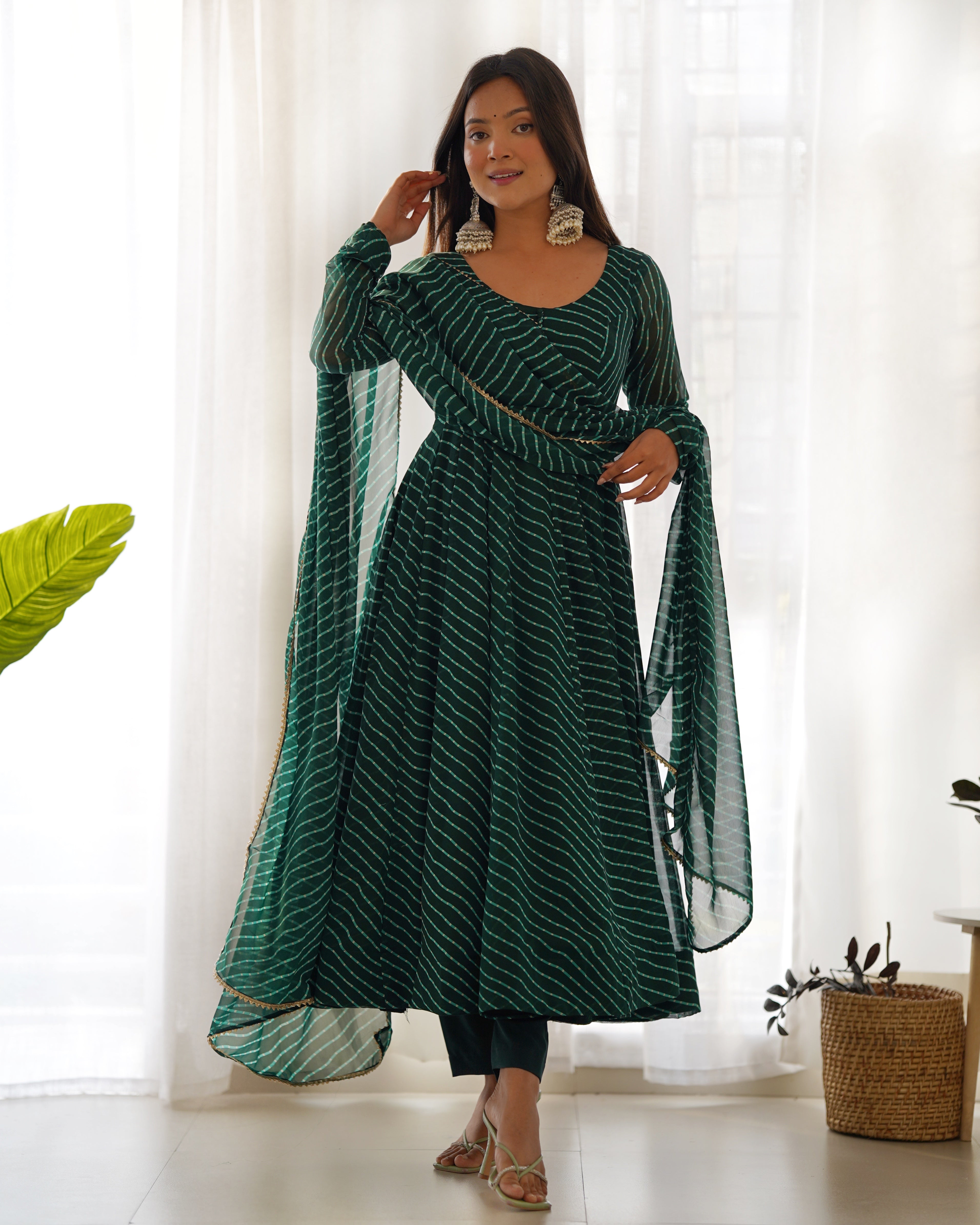 GREEN ANARKALI FANCY NECK POTLI BUTTON DESIGN