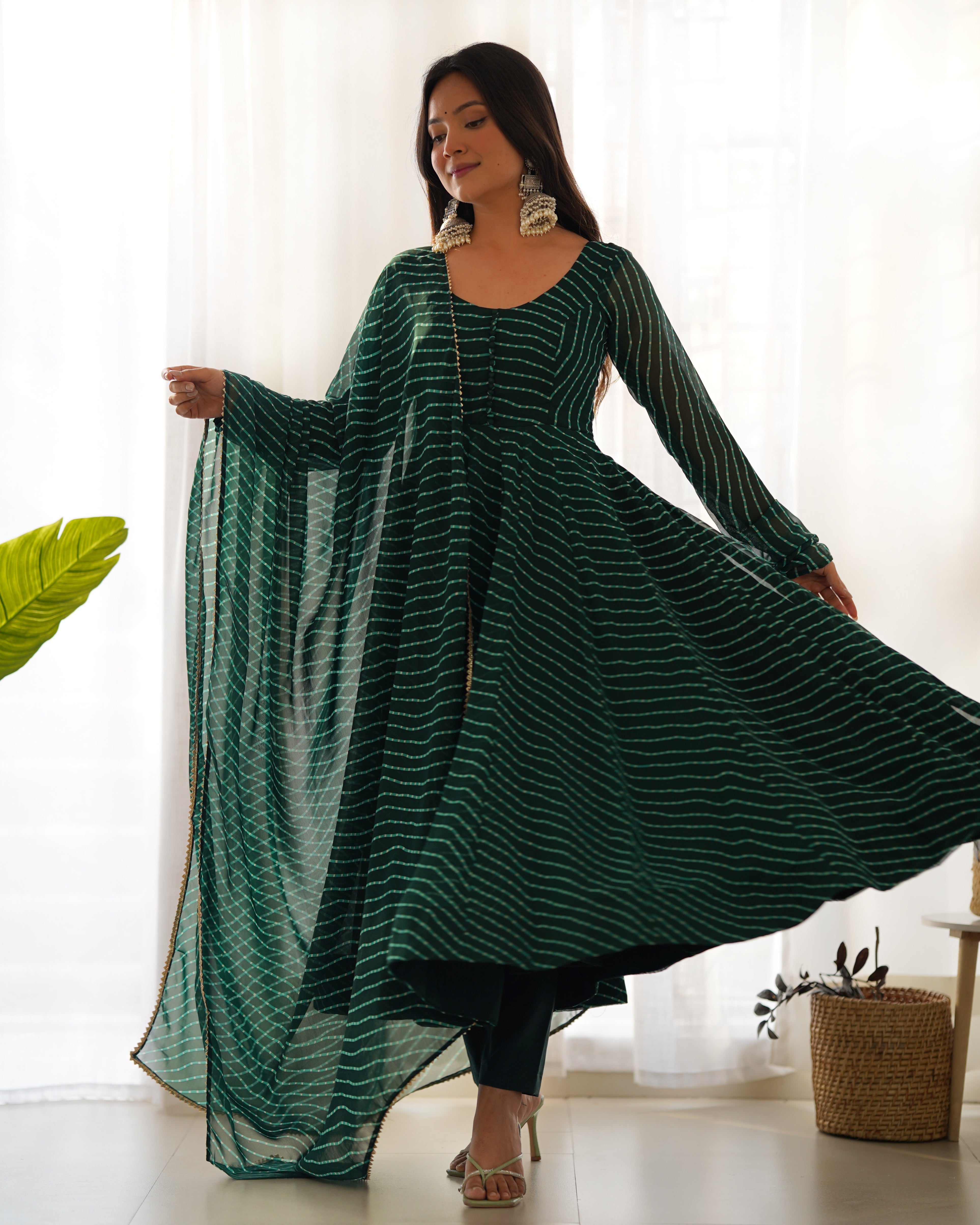 GREEN ANARKALI FANCY NECK POTLI BUTTON DESIGN