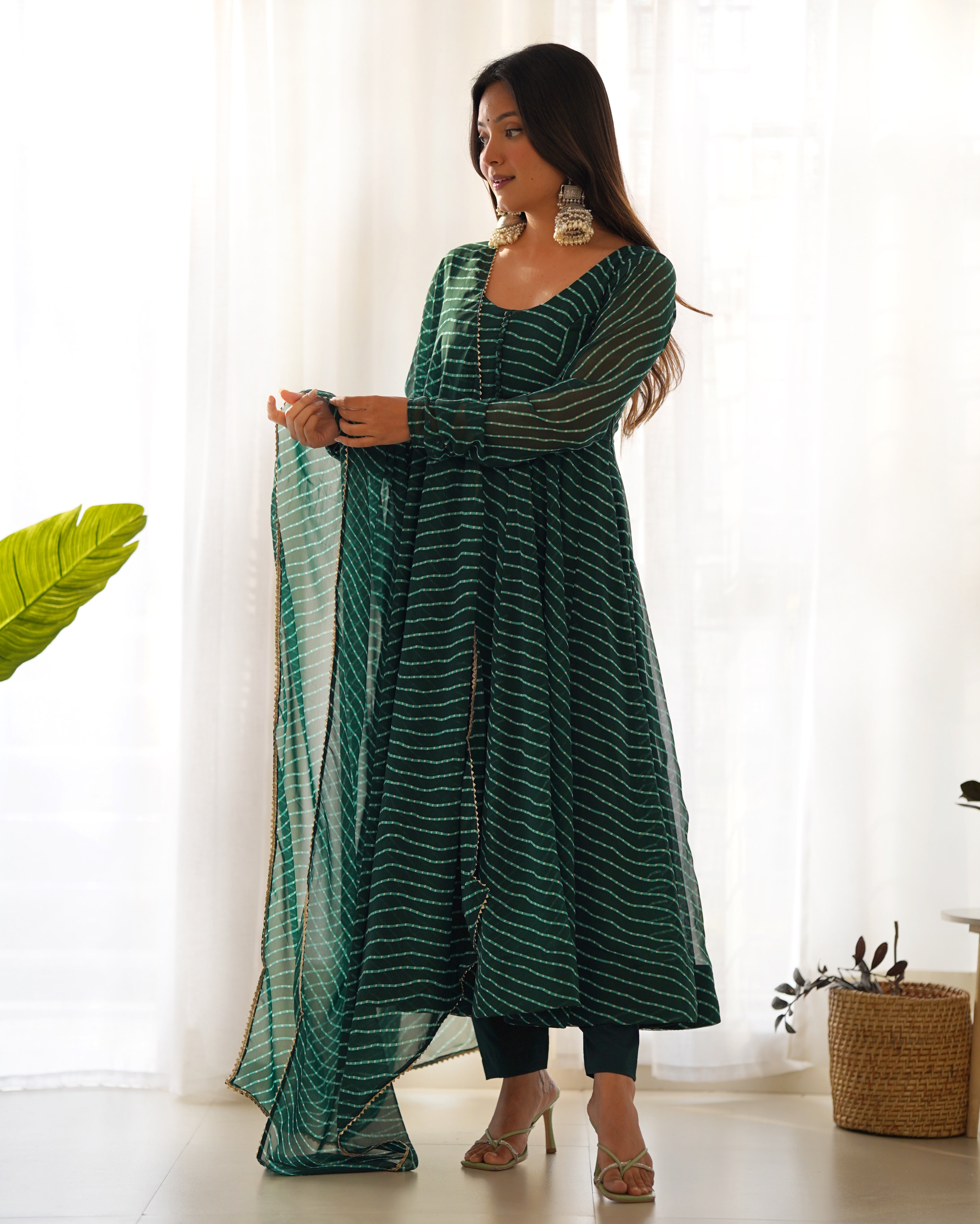 GREEN ANARKALI FANCY NECK POTLI BUTTON DESIGN