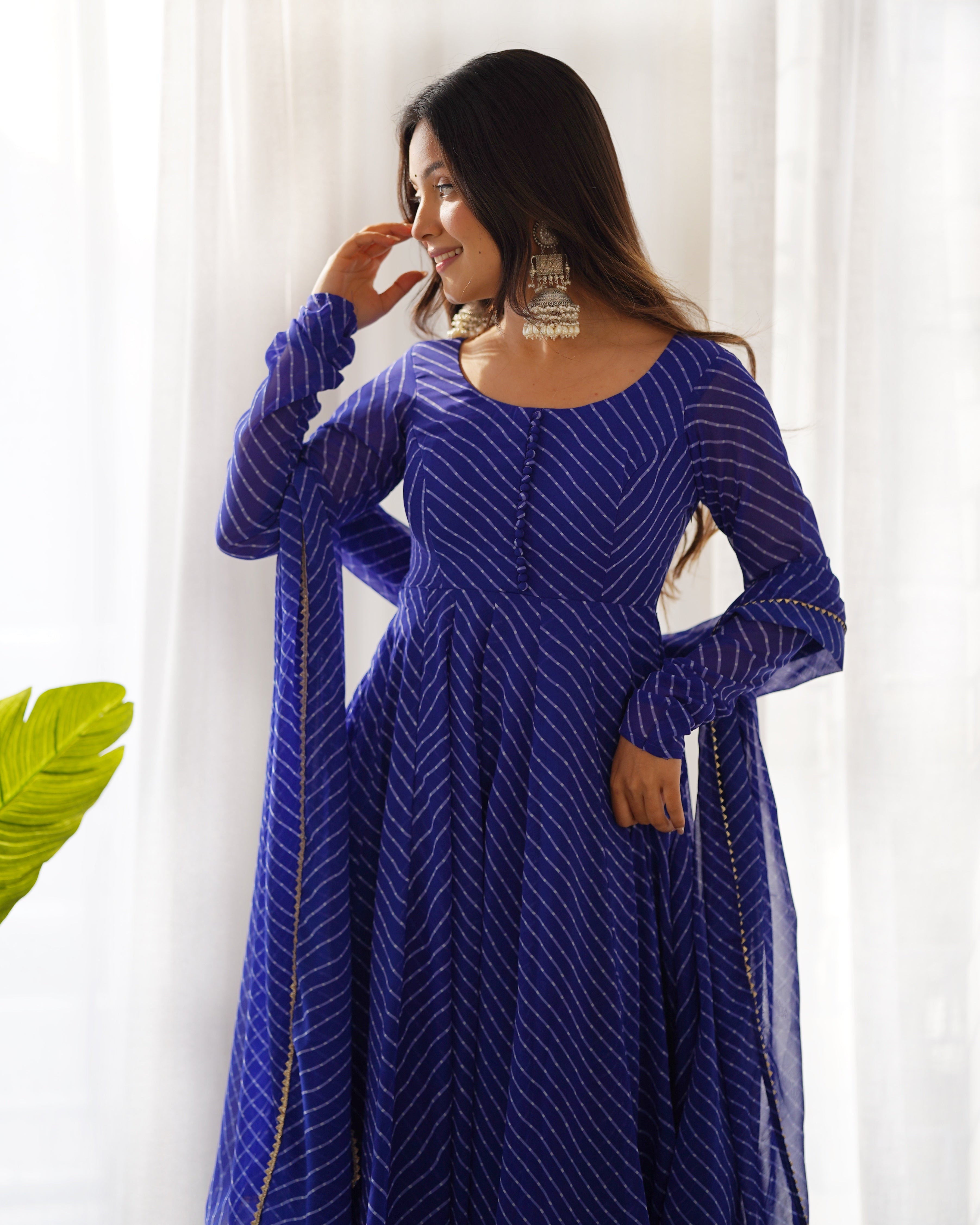 BLUE ANARKALI FANCY NECK POTLI BUTTON DESIGN