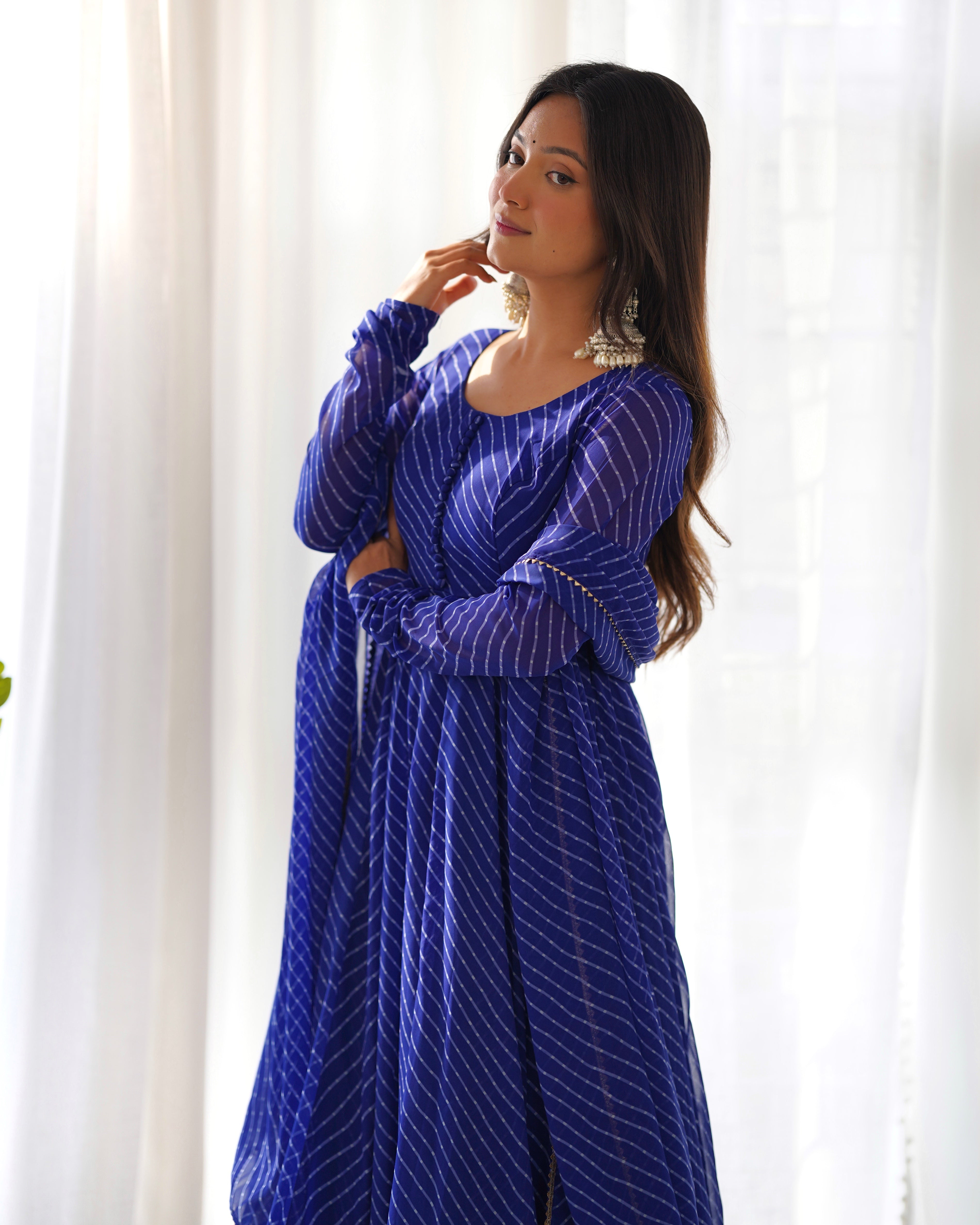 BLUE ANARKALI FANCY NECK POTLI BUTTON DESIGN