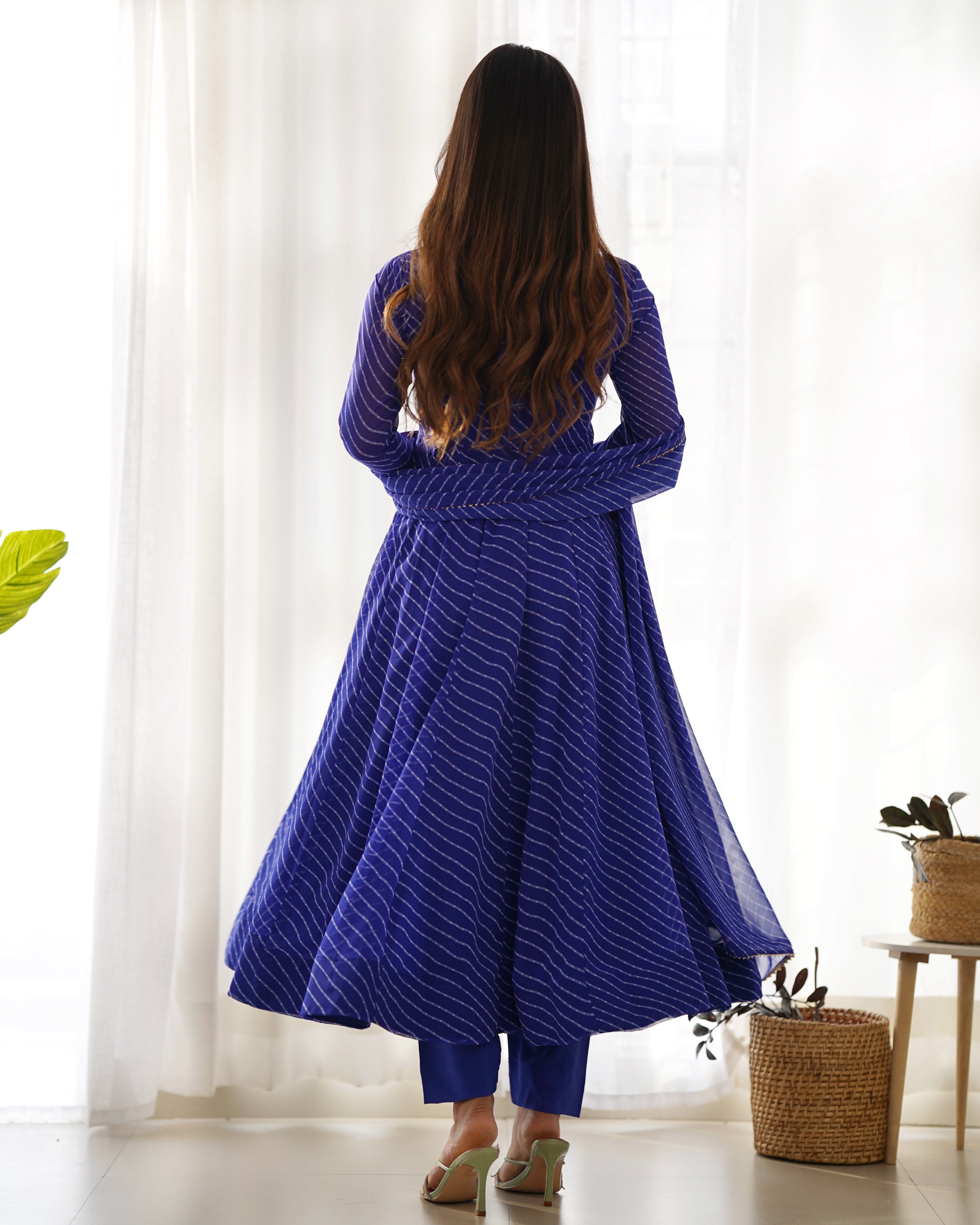 BLUE ANARKALI FANCY NECK POTLI BUTTON DESIGN