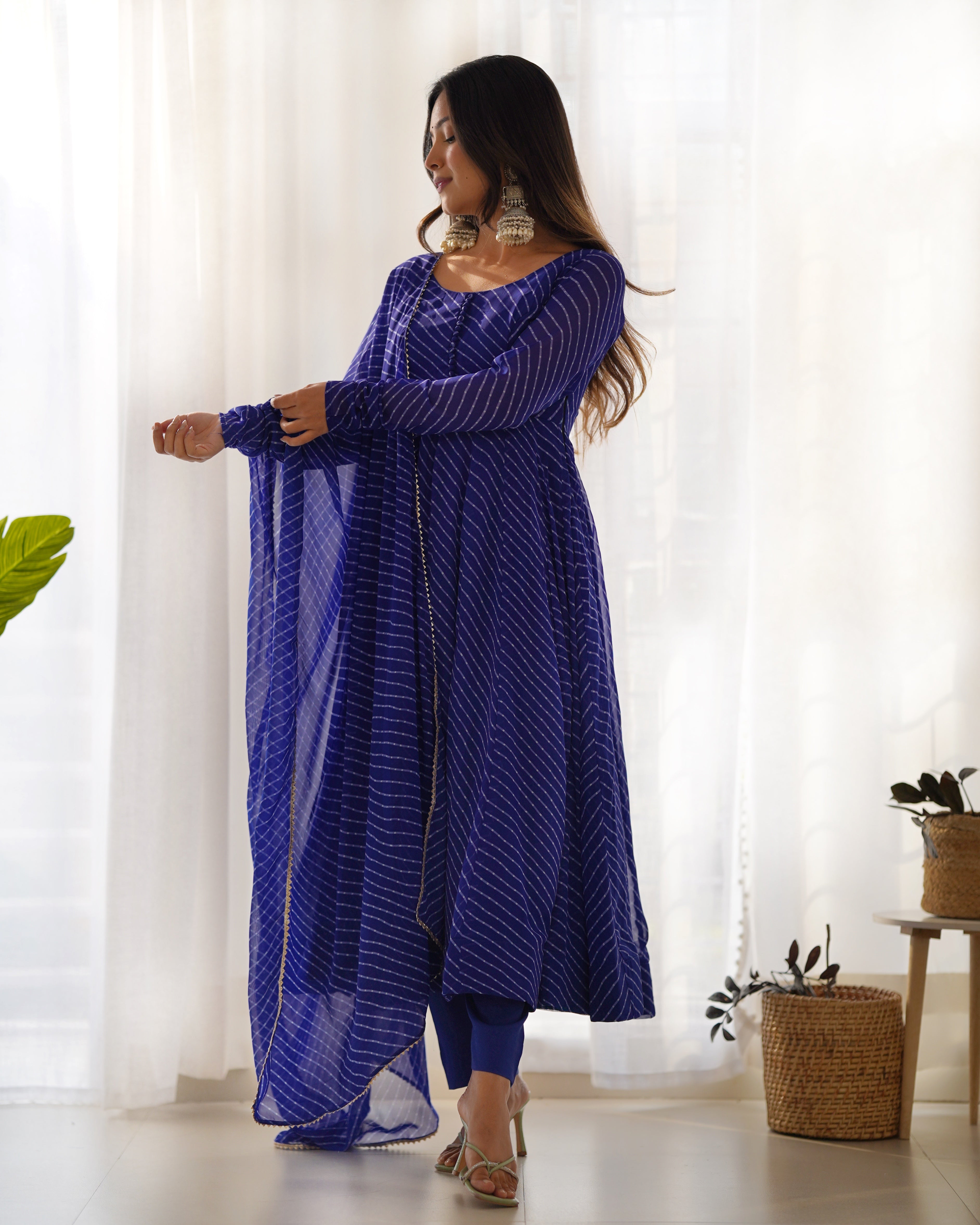 BLUE ANARKALI FANCY NECK POTLI BUTTON DESIGN