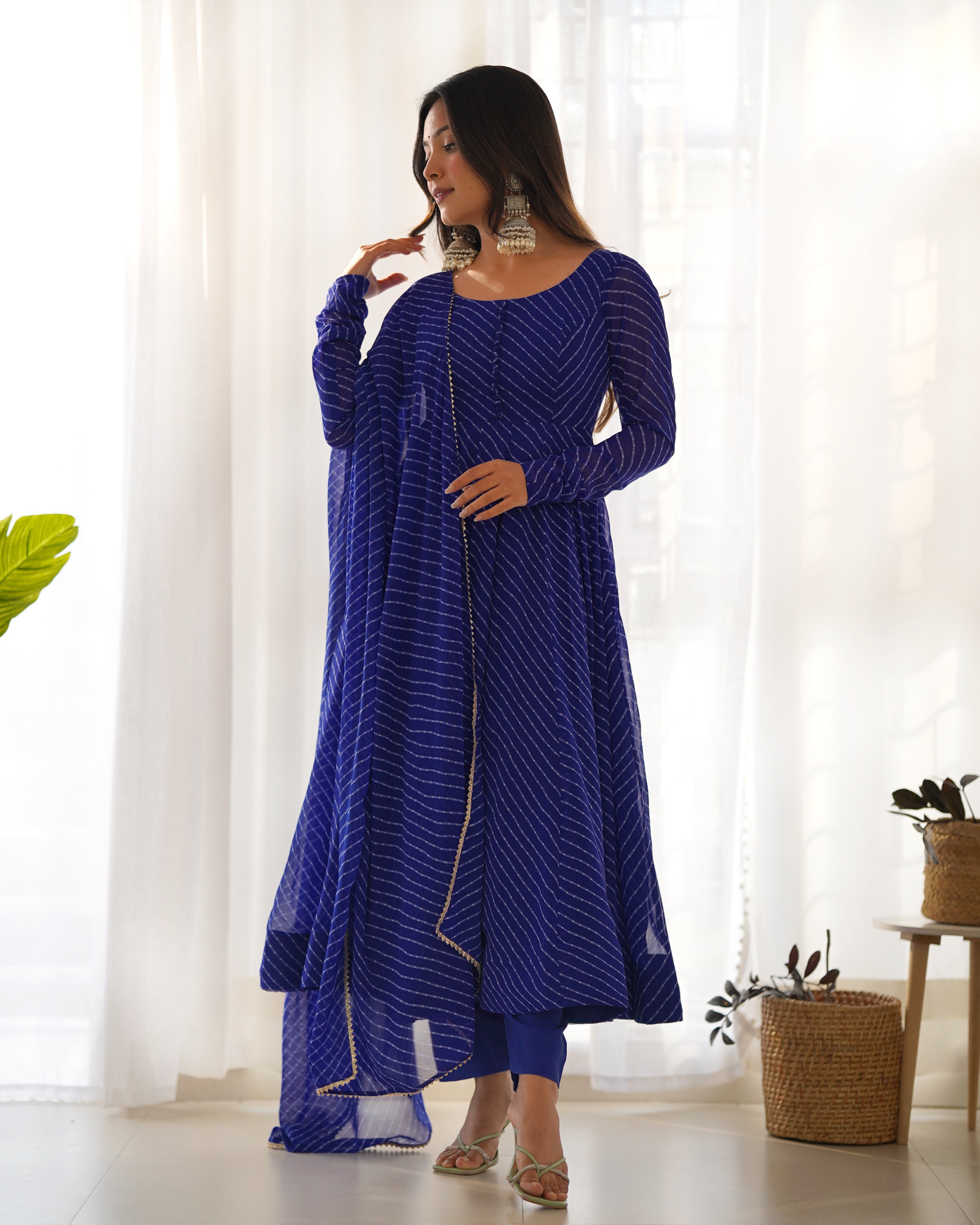 BLUE ANARKALI FANCY NECK POTLI BUTTON DESIGN