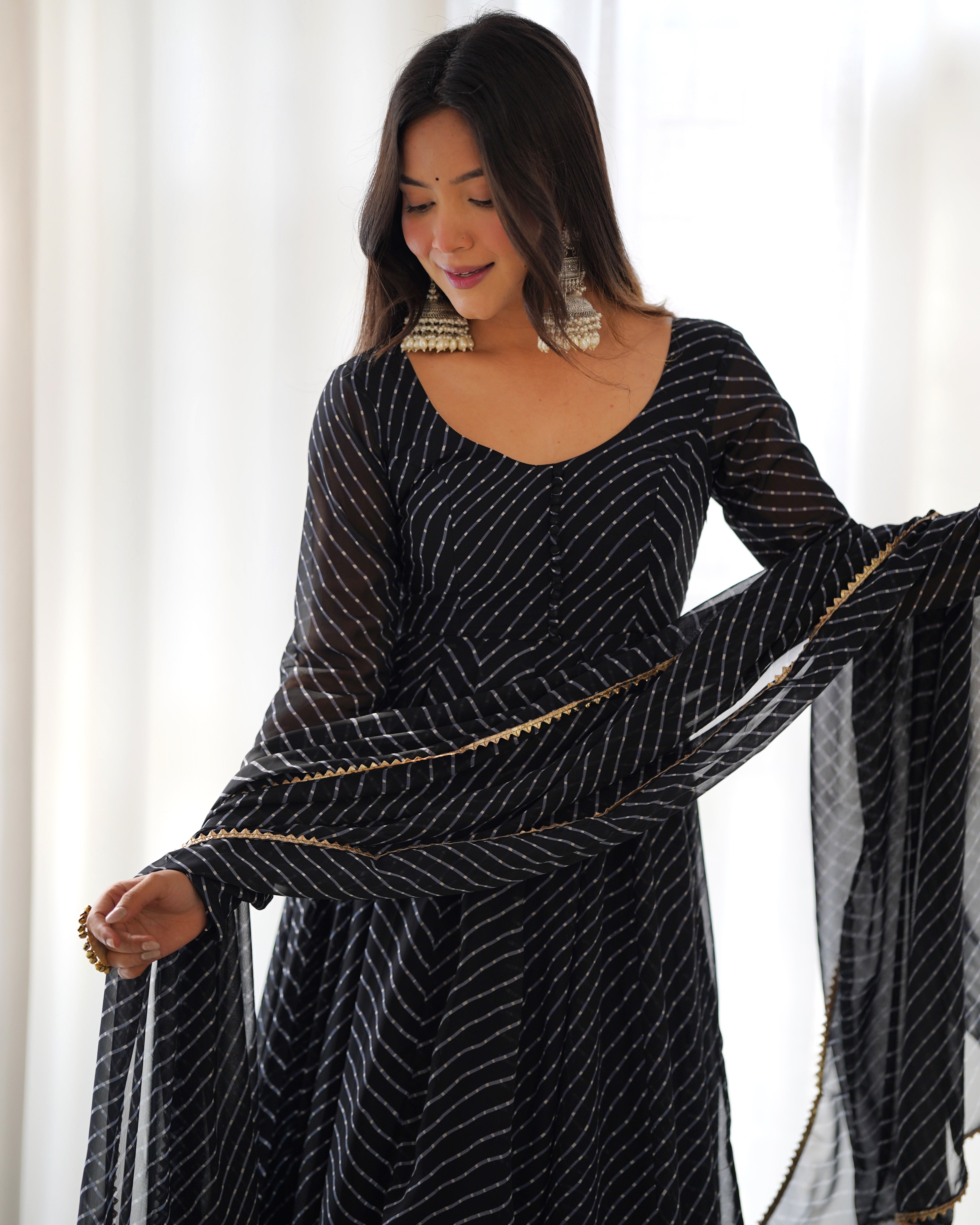 BLACK ANARKALI FANCY NECK POTLI BUTTON DESIGN