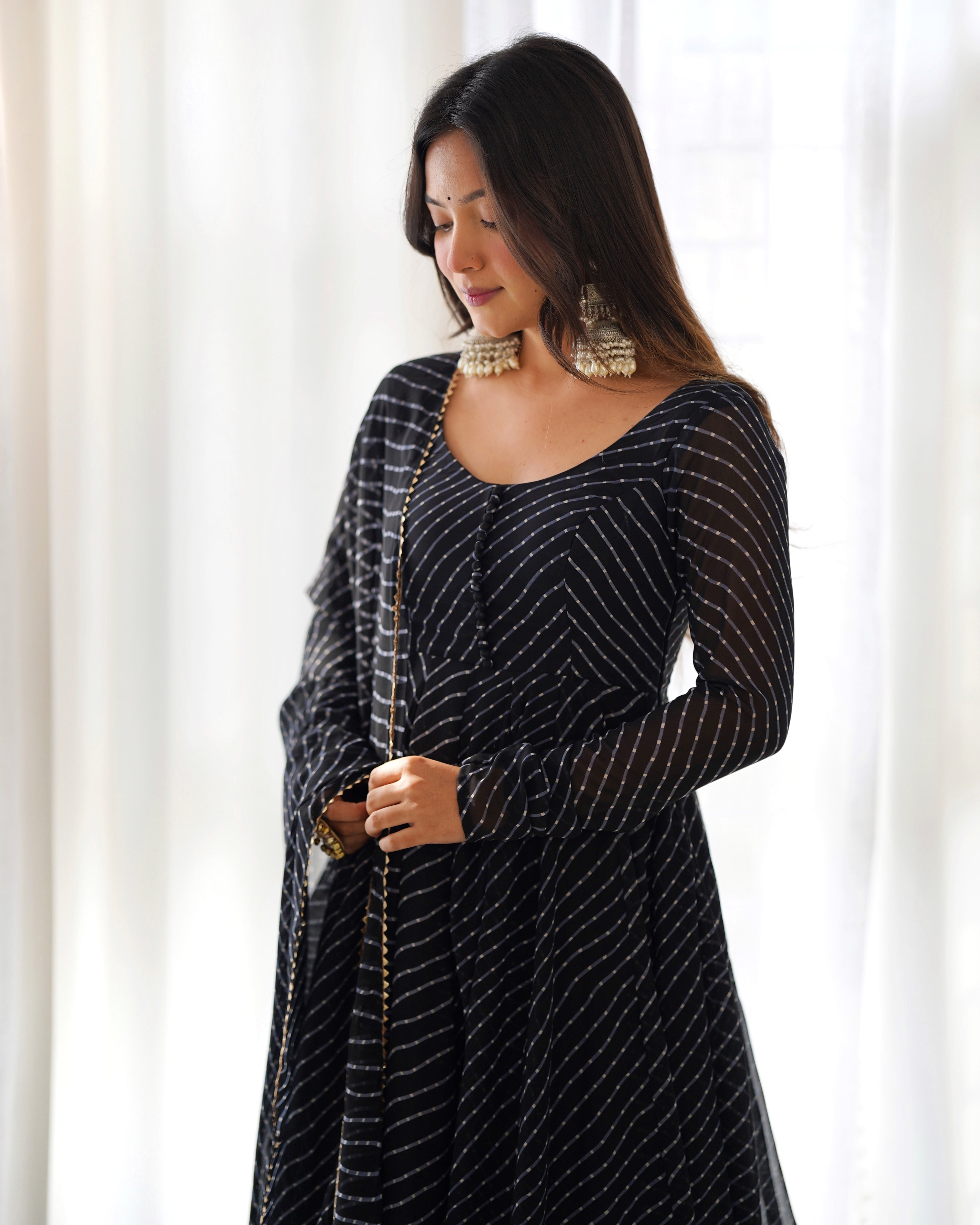 BLACK ANARKALI FANCY NECK POTLI BUTTON DESIGN