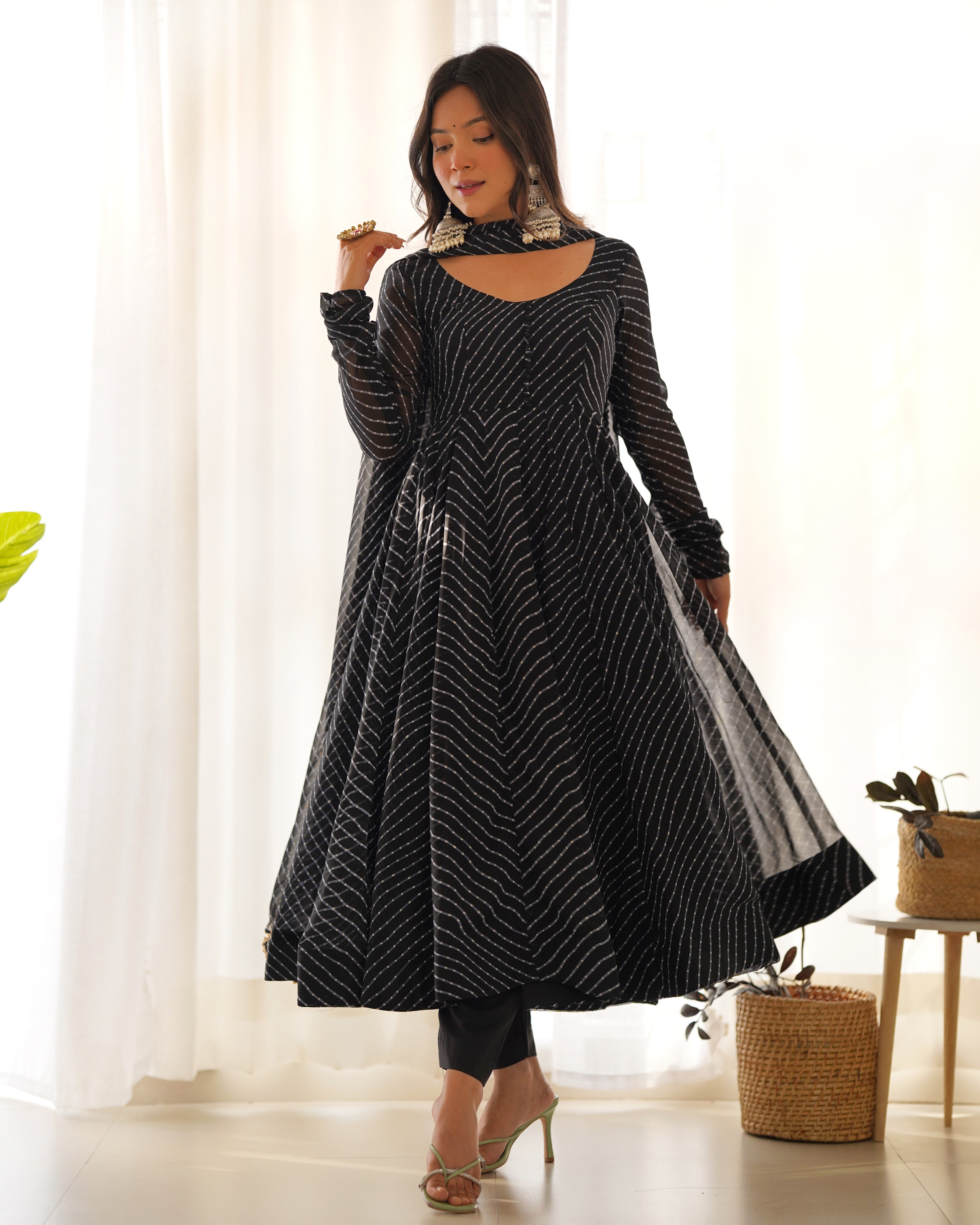 BLACK ANARKALI FANCY NECK POTLI BUTTON DESIGN
