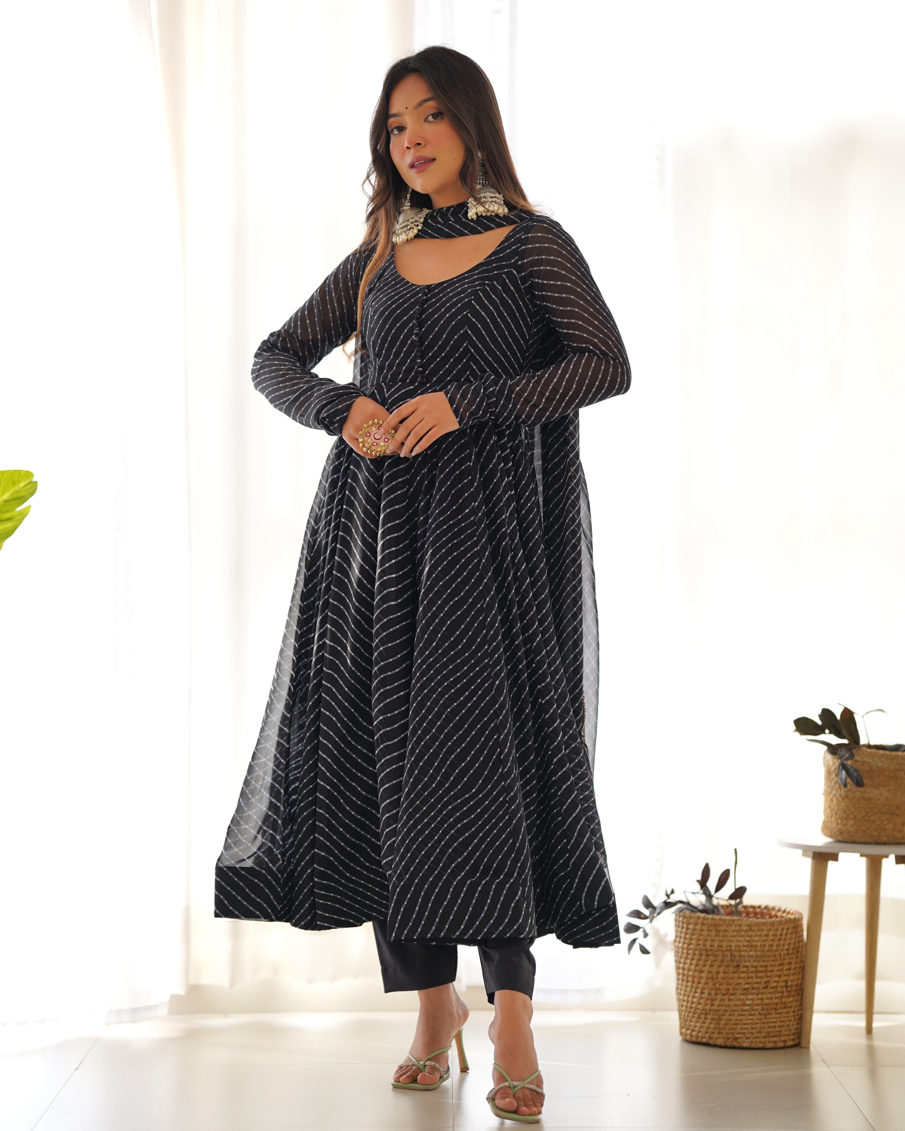 BLACK ANARKALI FANCY NECK POTLI BUTTON DESIGN