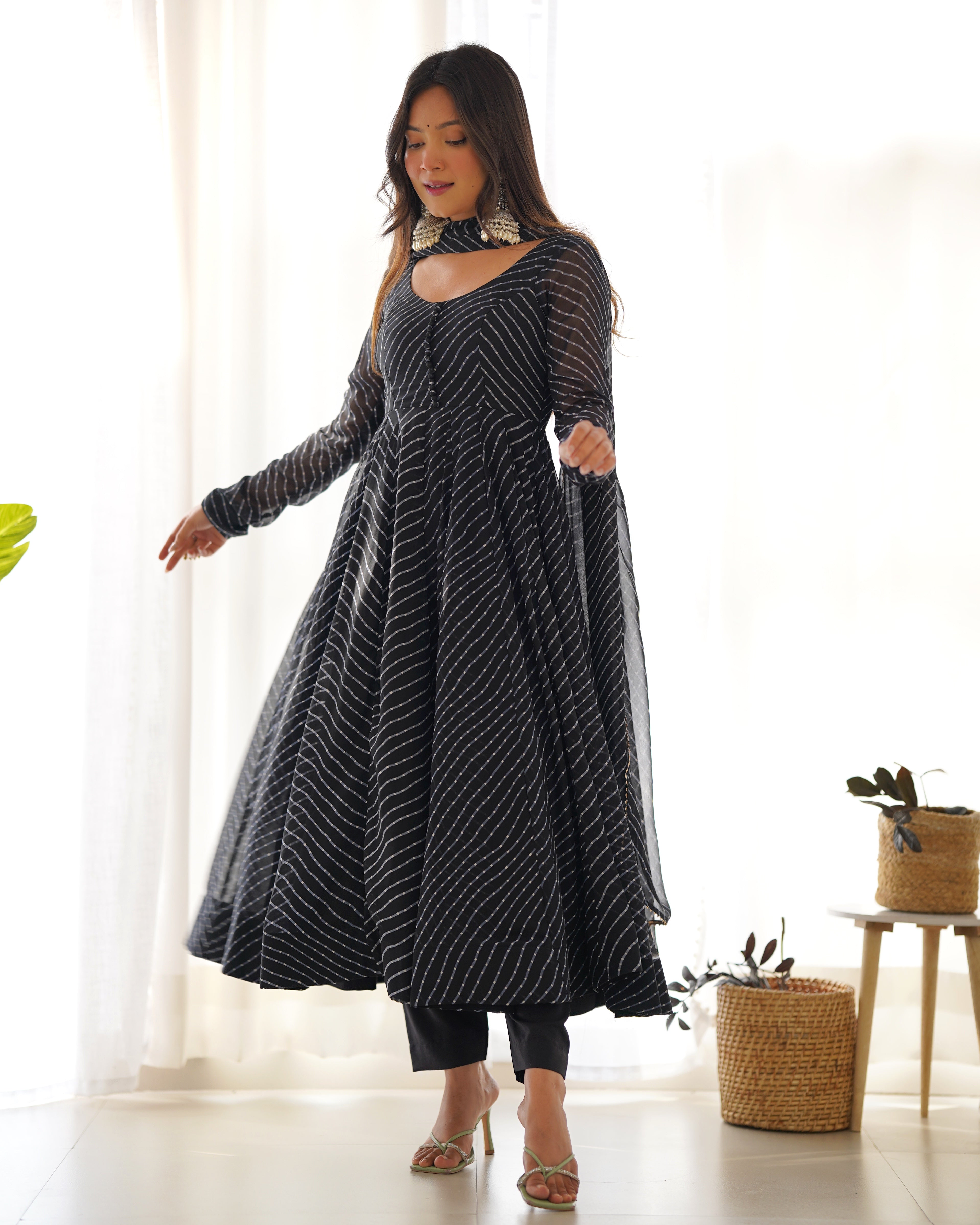 BLACK ANARKALI FANCY NECK POTLI BUTTON DESIGN