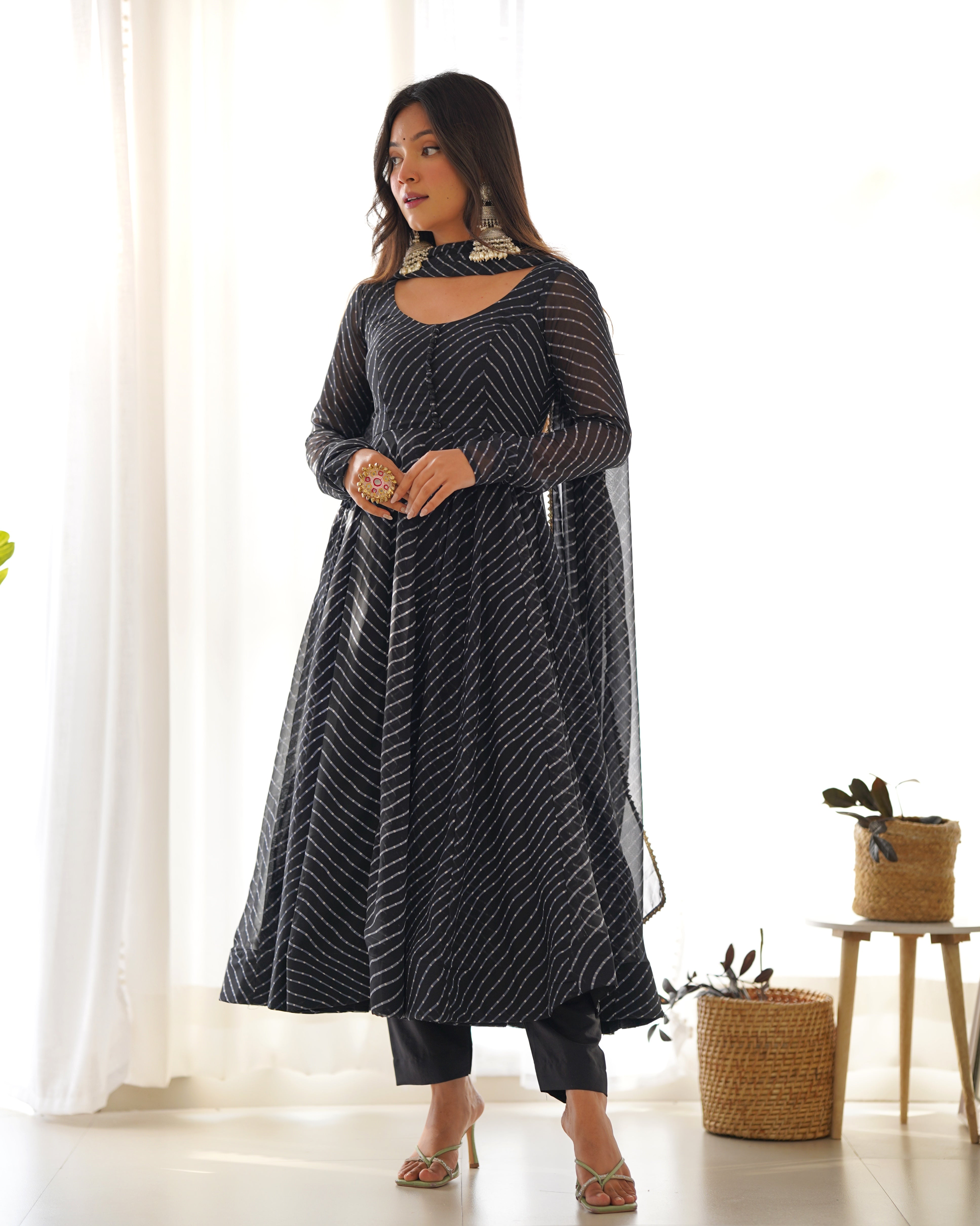 BLACK ANARKALI FANCY NECK POTLI BUTTON DESIGN