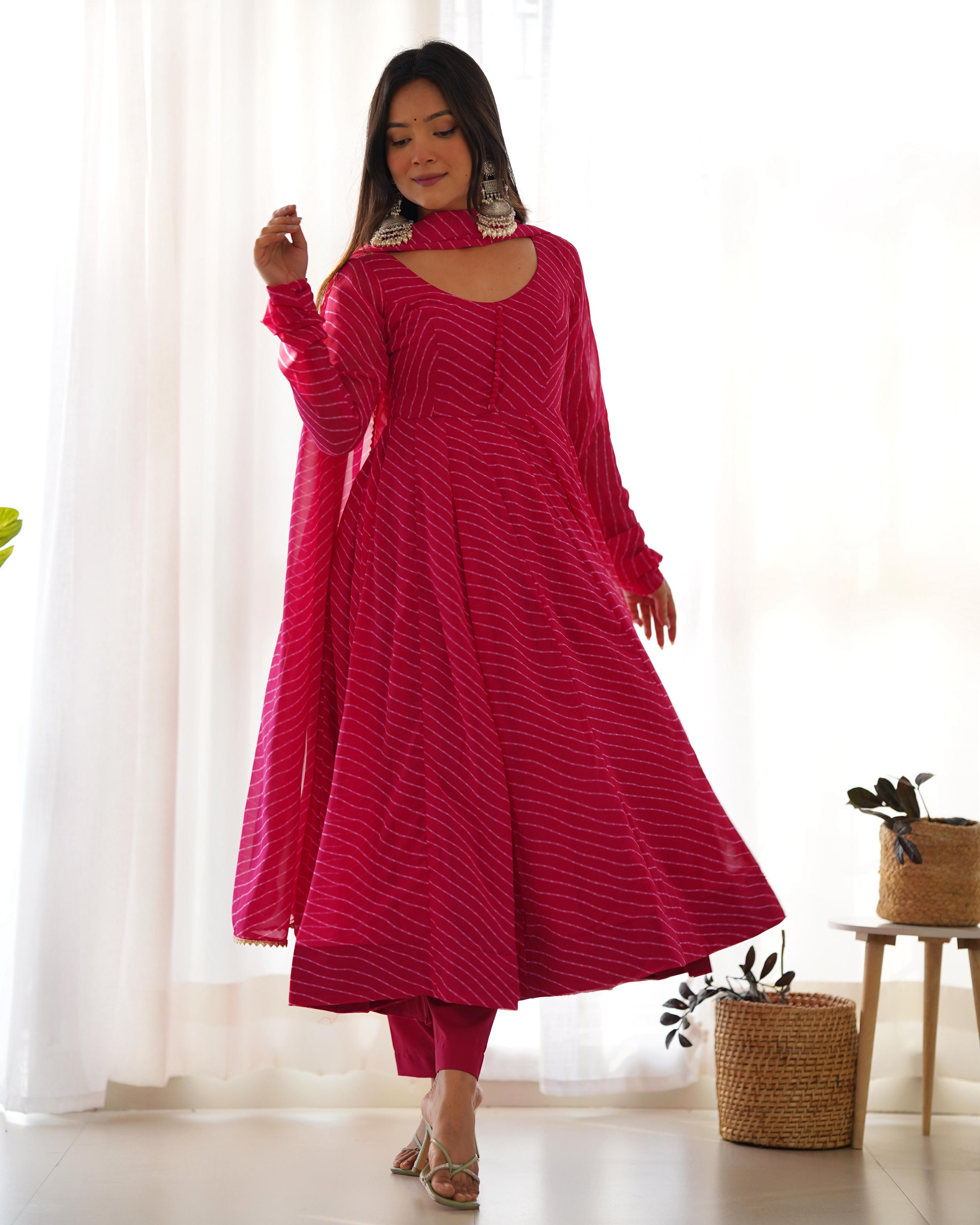 PINK ANARKALI FANCY NECK POTLI BUTTON DESIGN