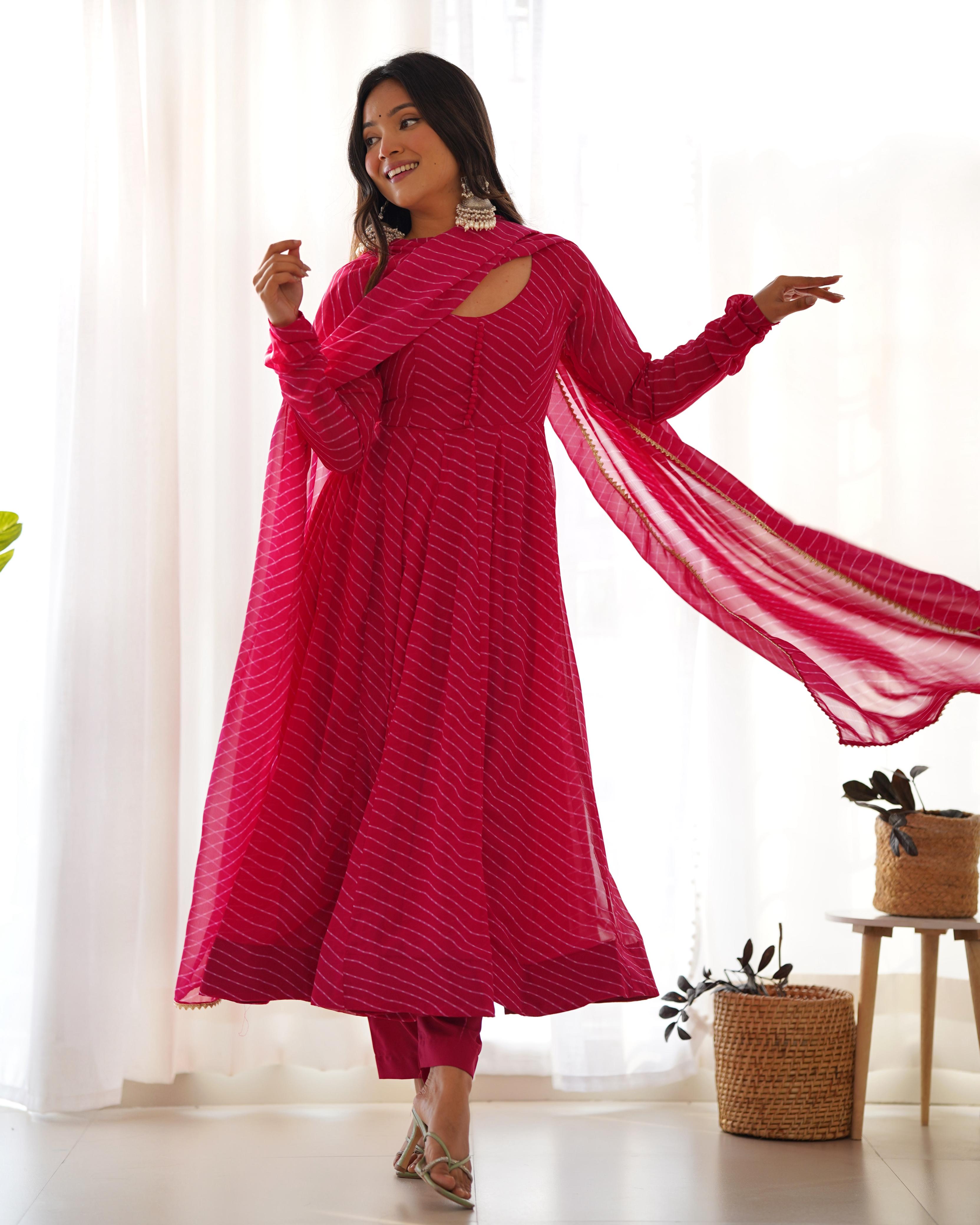 PINK ANARKALI FANCY NECK POTLI BUTTON DESIGN