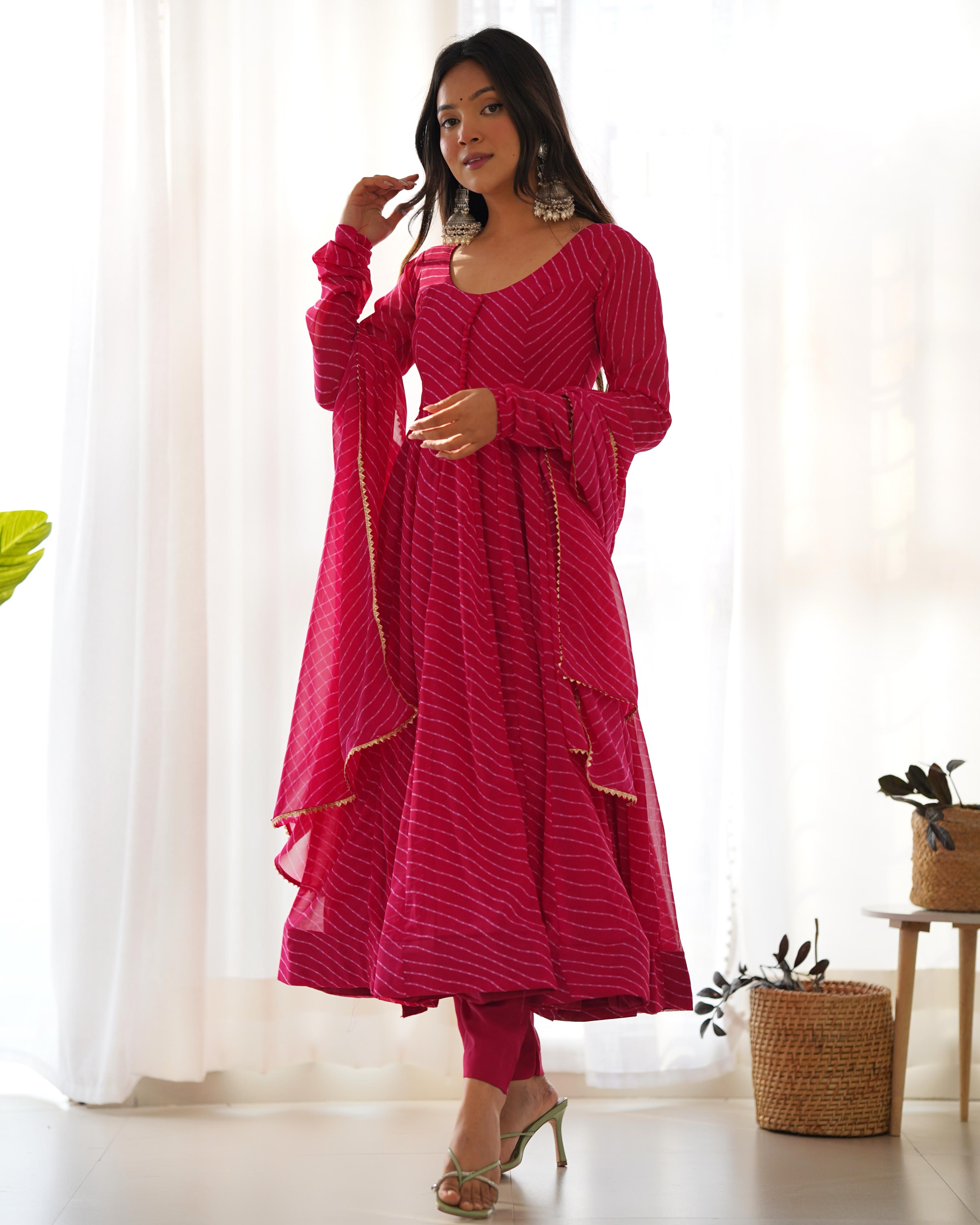 PINK ANARKALI FANCY NECK POTLI BUTTON DESIGN