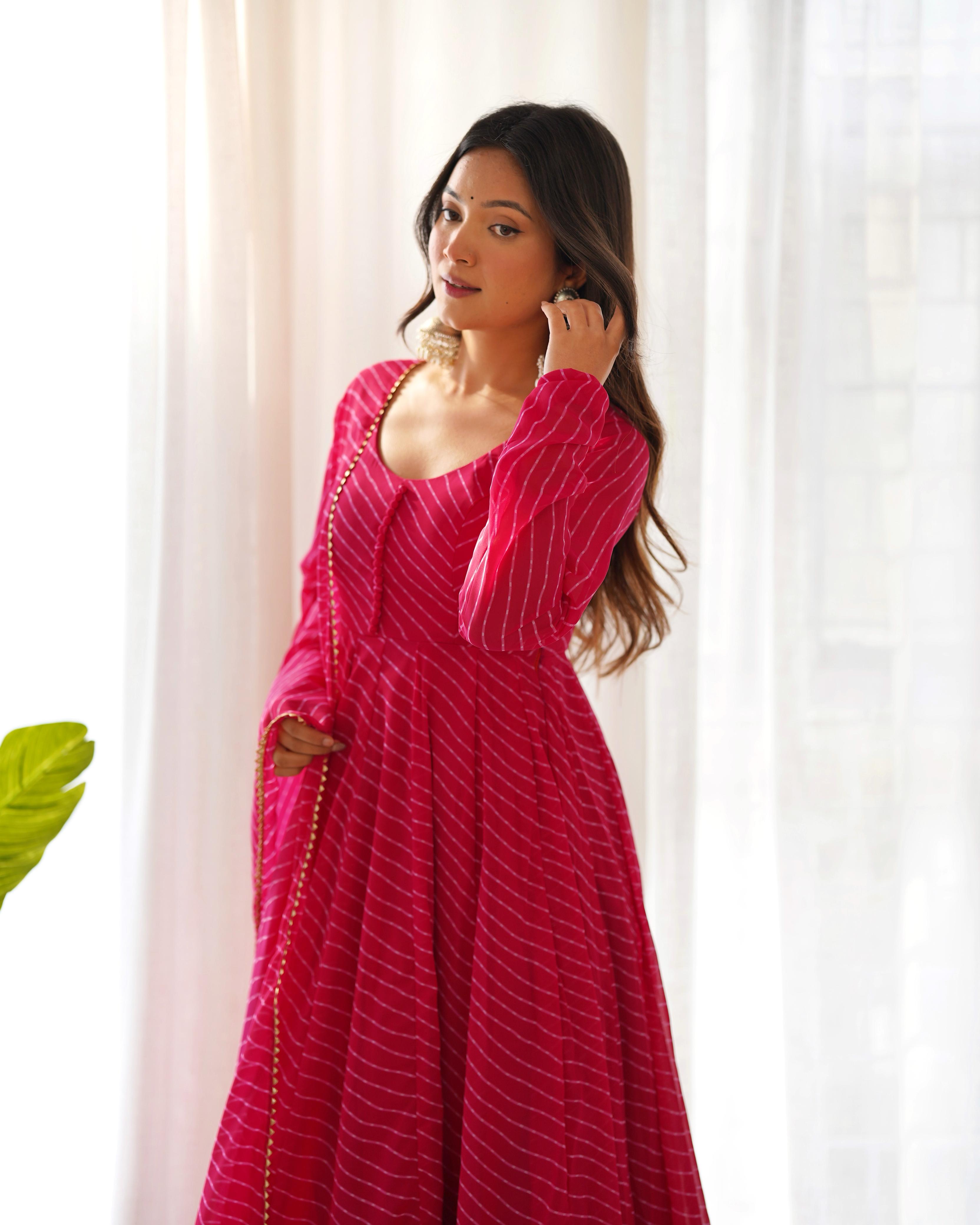 PINK ANARKALI FANCY NECK POTLI BUTTON DESIGN