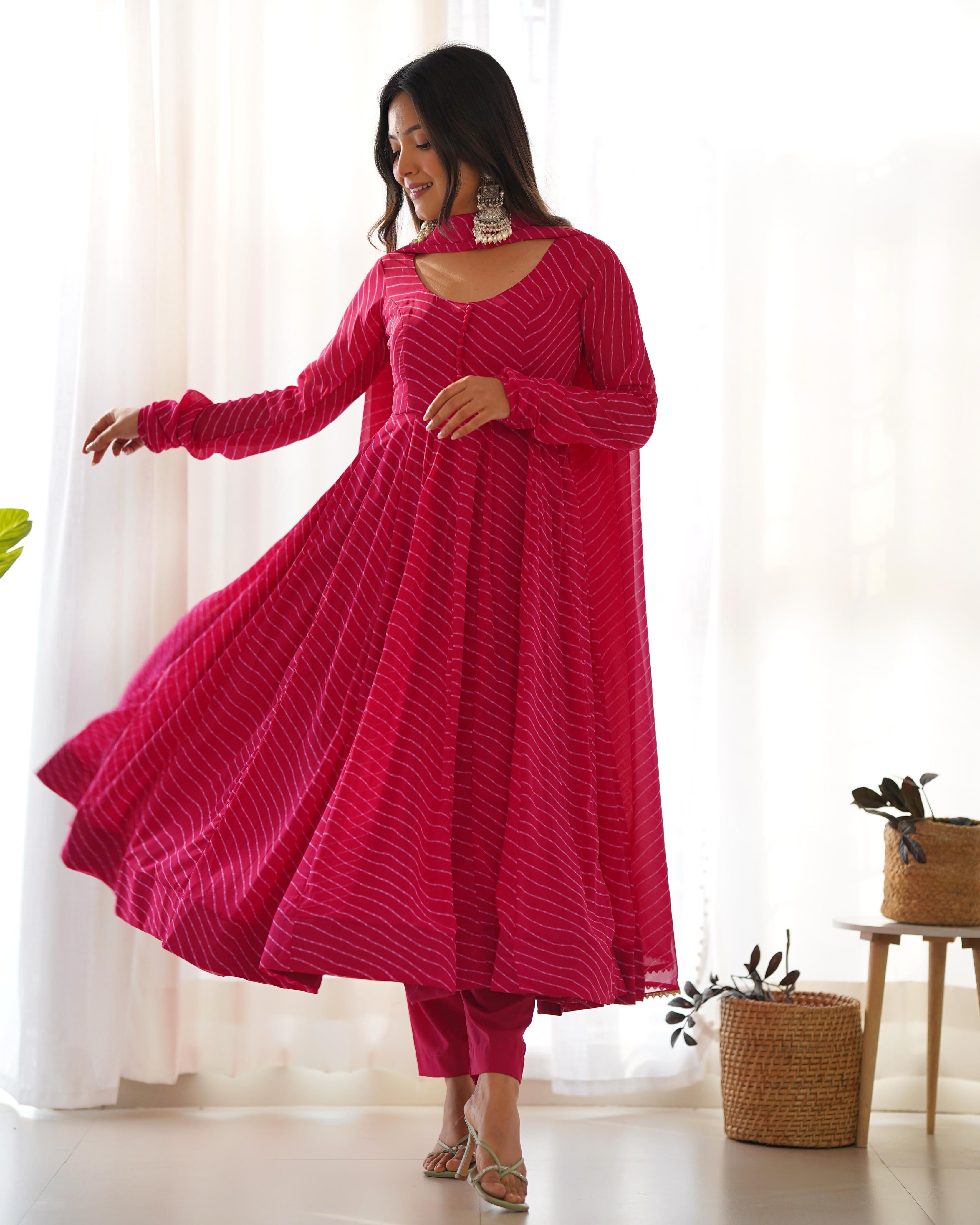 PINK ANARKALI FANCY NECK POTLI BUTTON DESIGN