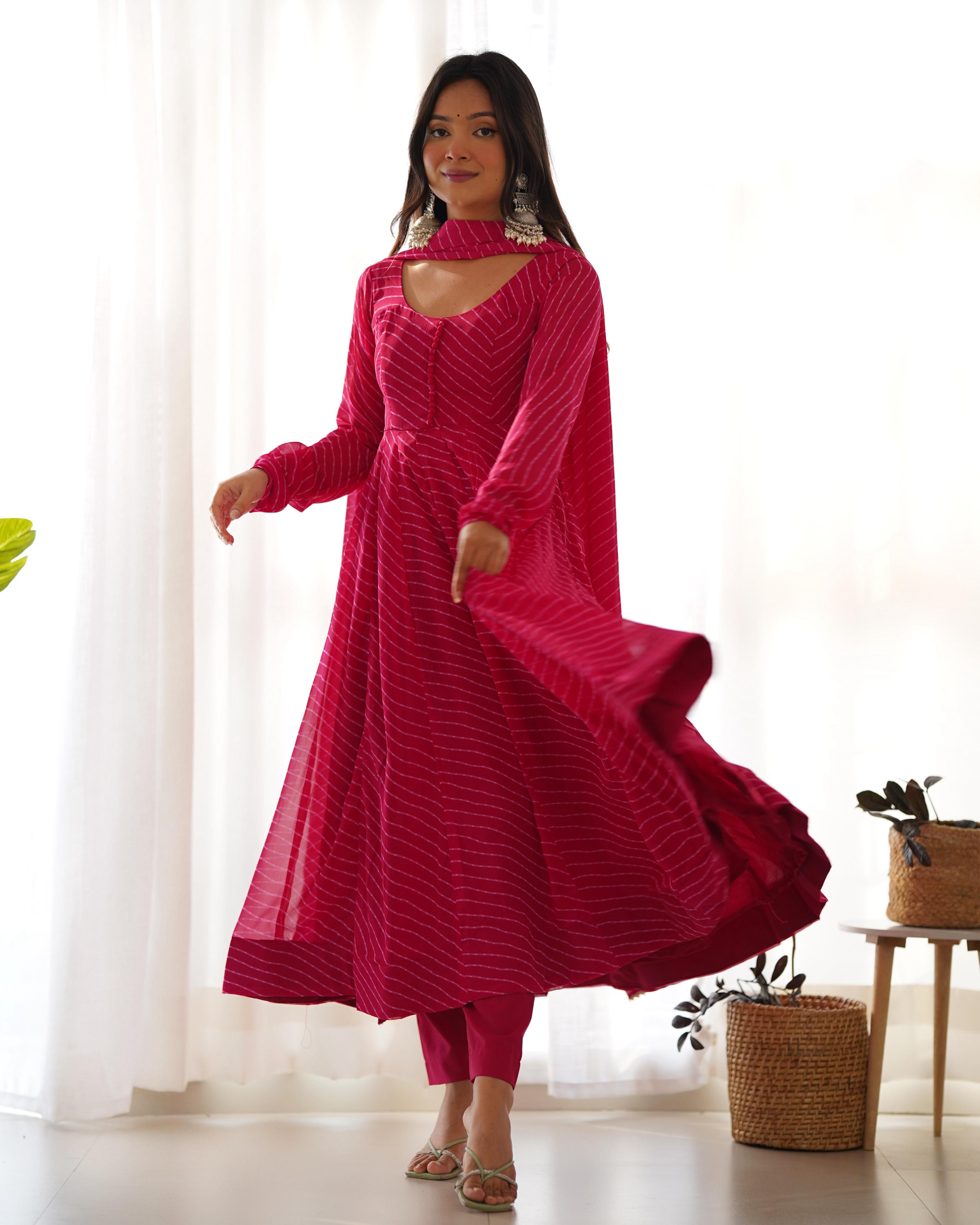 PINK ANARKALI FANCY NECK POTLI BUTTON DESIGN